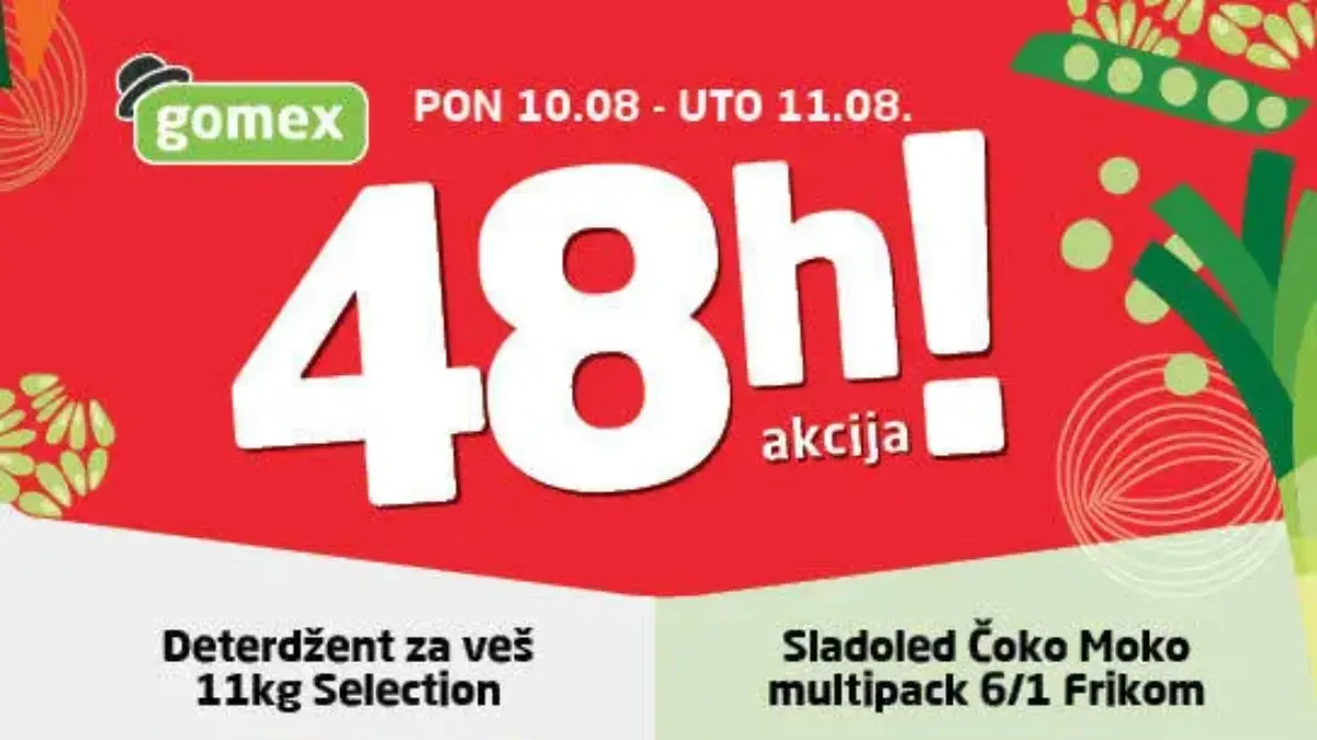 Gomex BLIC 48h akcija 10. i 11.08.2026. – Selection deterdžent za veš 11 kg za 999,99 dinara i Frikom Čoko Moko multipack 6/1 za 279,99 dinara