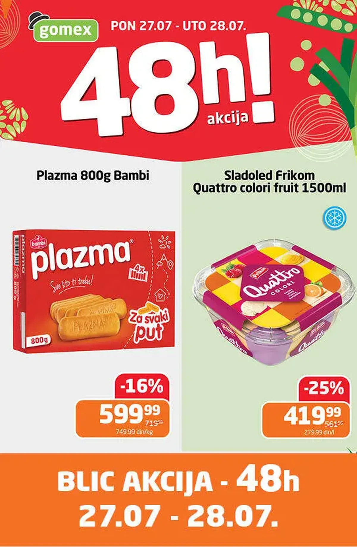 Gomex 48h akcija 27. i 28.07.2026. donosi Plazma keks i Frikom Quattro sladoled po sniženim cenama