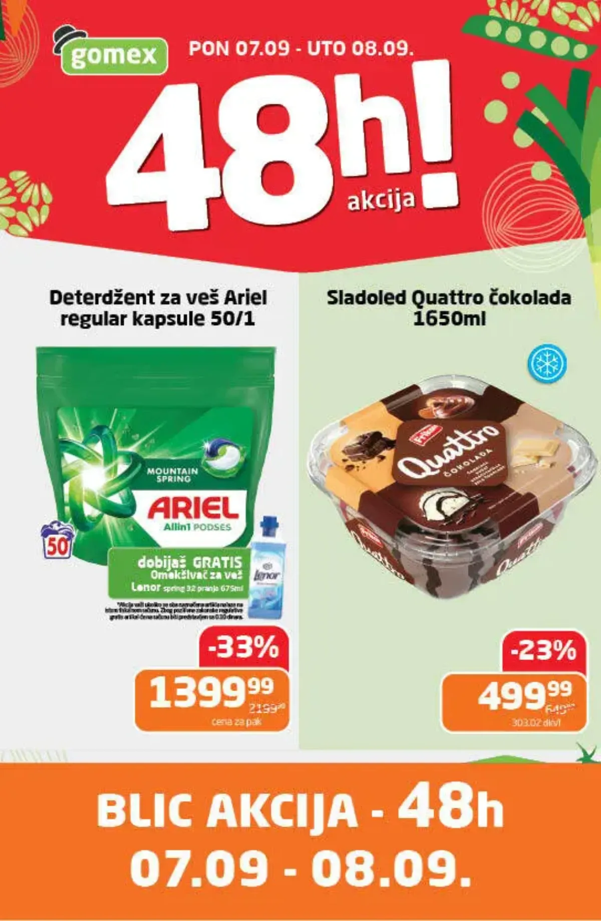 GOMEX BLIC 48h akcija 07.09. i 08.09.2026. – Ariel kapsule 50 komada za 1.399,99 RSD i Quattro Čokolada sladoled 1650 ml za 499,99 RSD