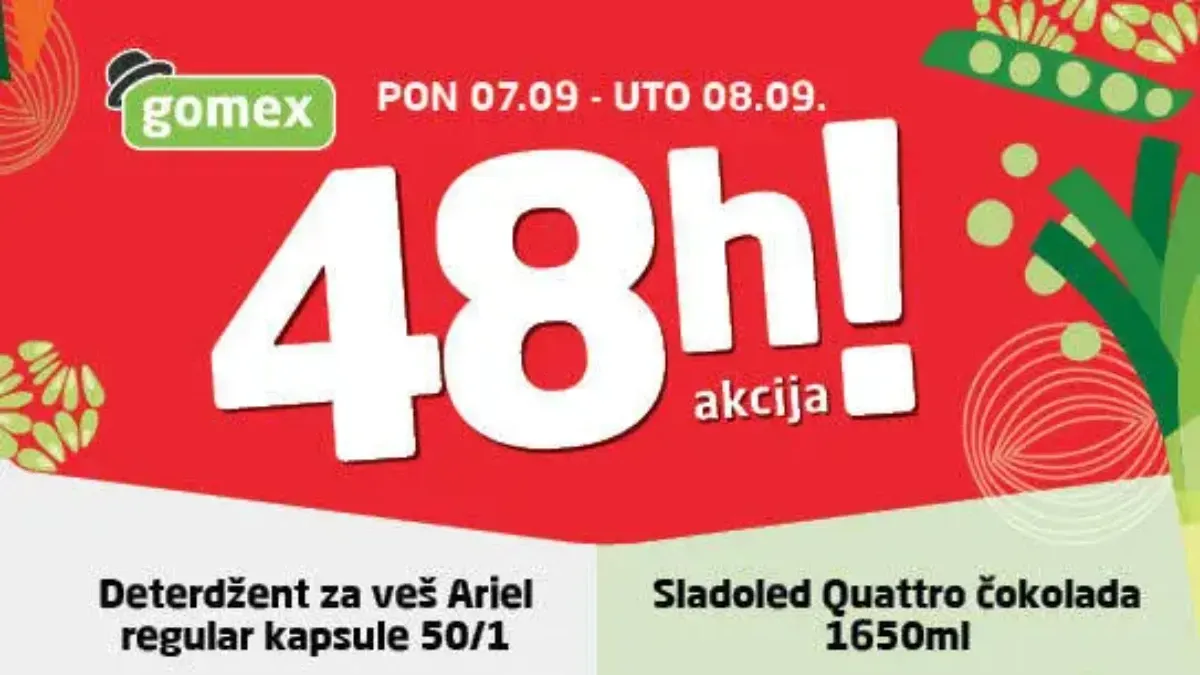 GOMEX BLIC 48h akcija 07.09. i 08.09.2026. – Ariel kapsule 50 komada za 1.399,99 RSD i Quattro Čokolada sladoled 1650 ml za 499,99 RSD