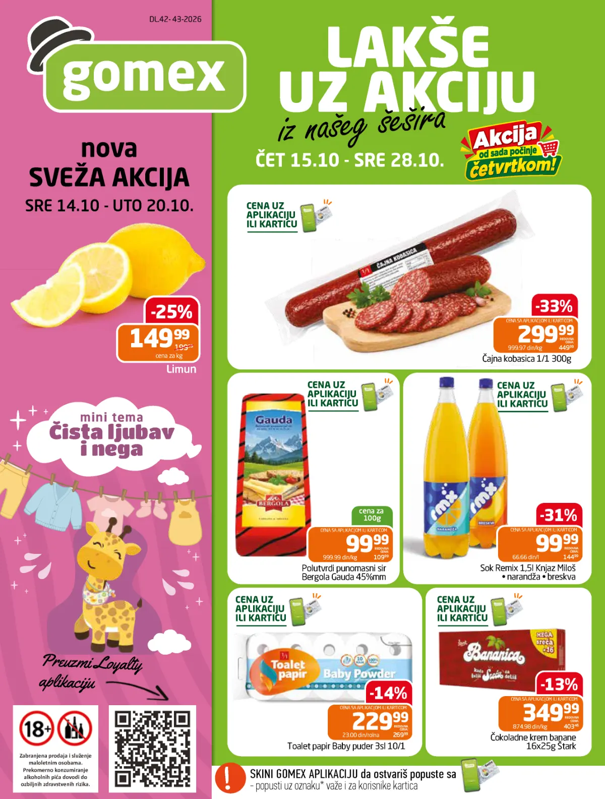GOMEX katalog – čajna kobasica 300 g za 299,99 din, sir Bergola Gauda 99,99 din za 100 g i sok Remix 1,5 l za 99,99 din uz aplikaciju ili karticu