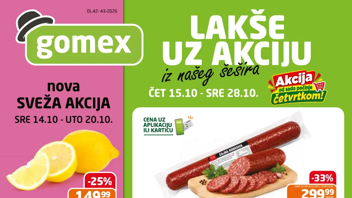 GOMEX katalog od 15. do 28.10.2026. – čajna kobasica 300 g za 299,99 din i sok Remix 1,5 l za 99,99 din uz aplikaciju ili karticu