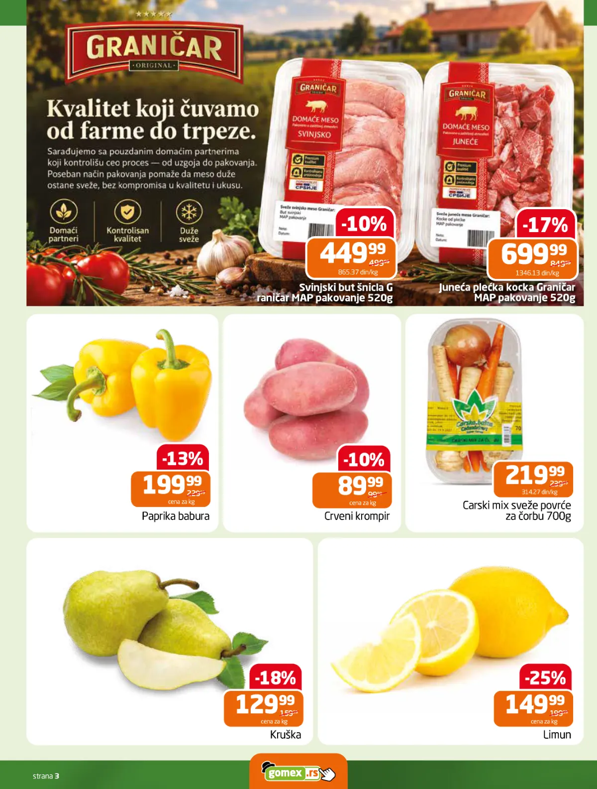 GOMEX ponuda svežeg mesa i povrća – svinjski but, juneća plećka, paprika, krompir, kruška i limun