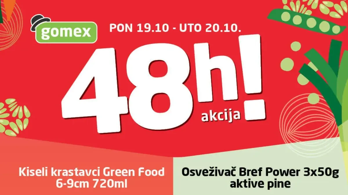 Gomex BLIC akcija 19. i 20.10.2026. – Green Food kiseli krastavci 720 ml za 119,99 dinara i Bref Power Aktiv 3x50 g za 249,99 dinara