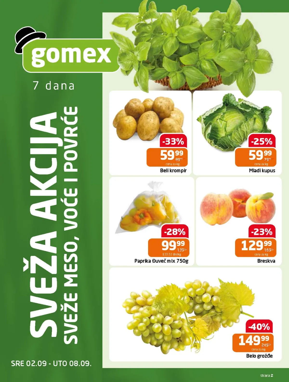 Gomex katalog strana 2 – beli krompir, mladi kupus, paprika, breskve i belo grožđe na akciji
