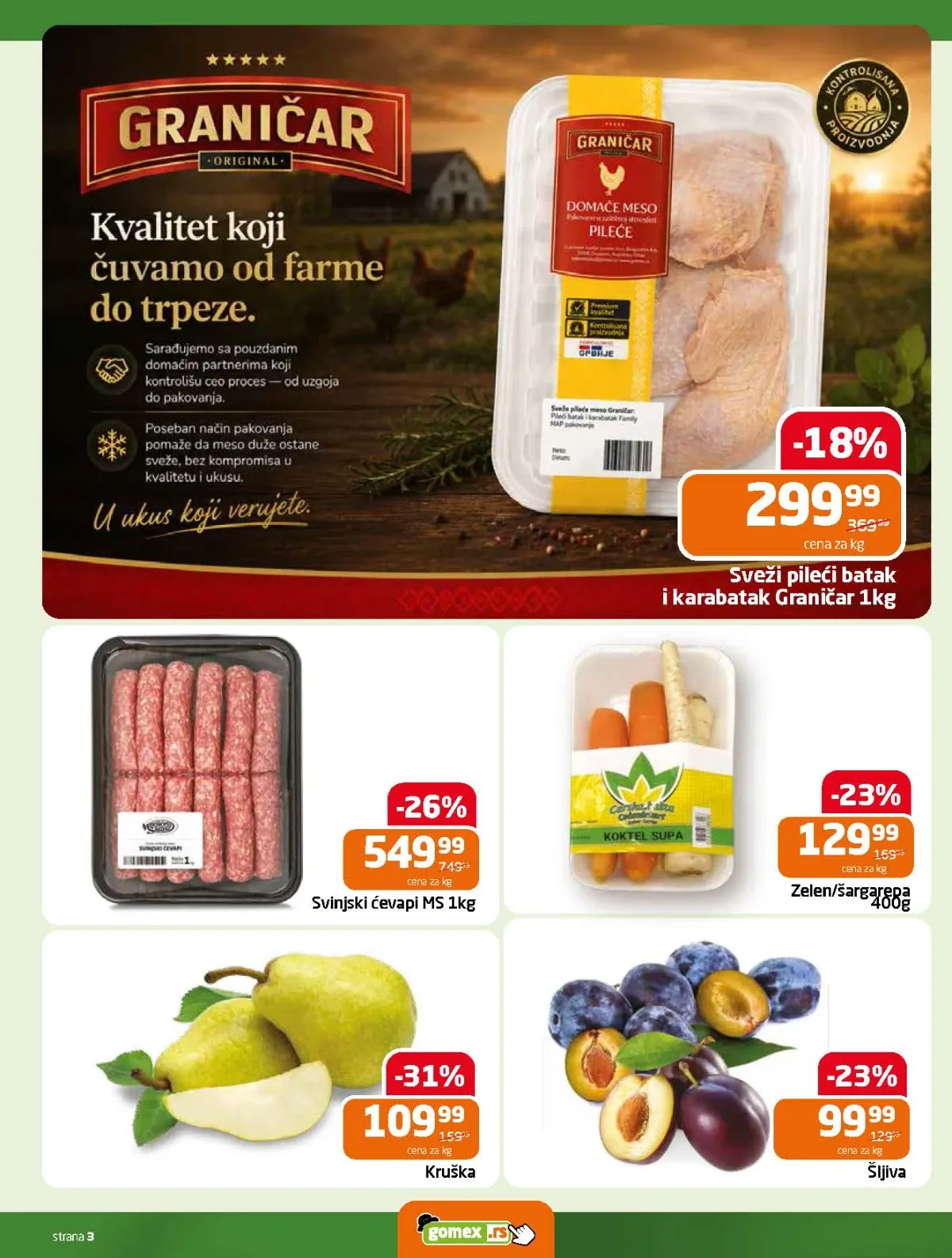 Gomex katalog strana 3 – pileći batak, svinjski ćevapi, kruške, šljive i povrće na akciji