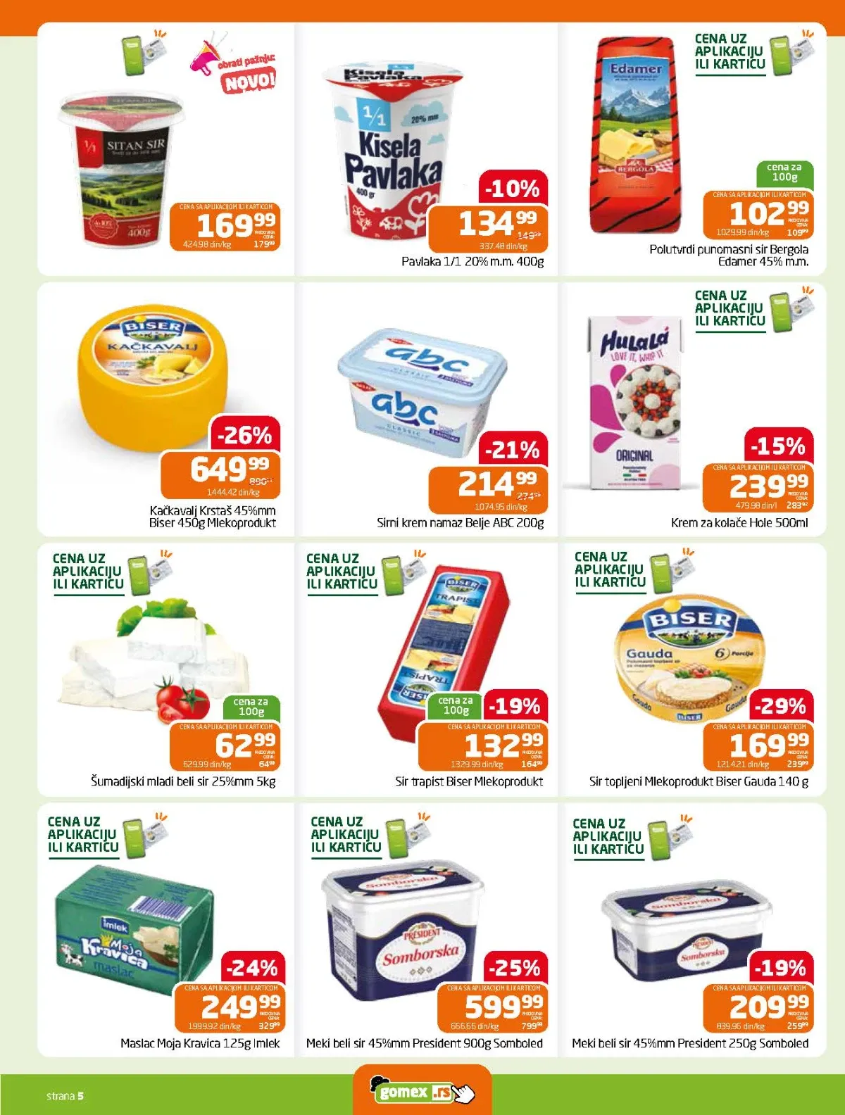 Gomex katalog strana 5 – kačkavalj, Edamer, trapist, beli sir, maslac i mlečni namazi