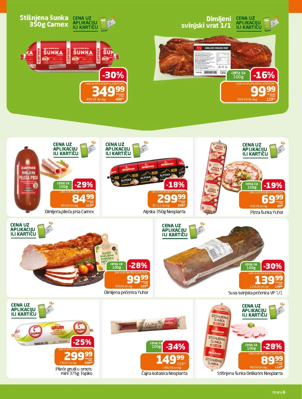 Gomex katalog strana 6 – čajna kobasica, dimljena pečenica, pileće grudi i šunka na akciji
