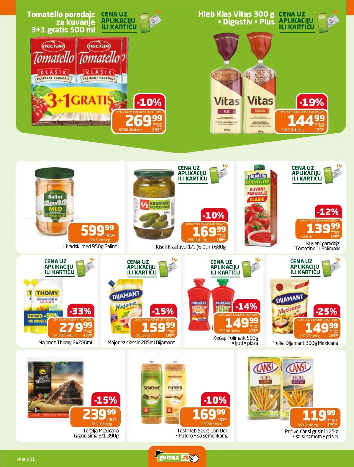 Gomex katalog strana 11 – majonez, kečap, prelivi, med, kiseli krastavci i pekarski proizvodi