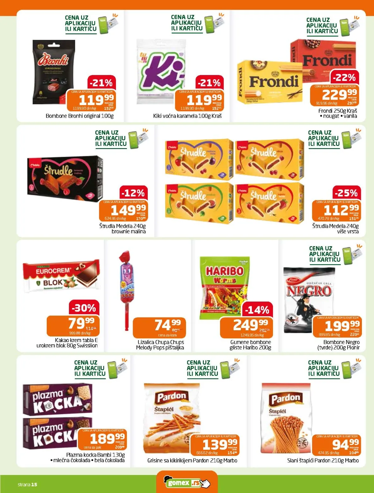 Gomex katalog strana 15 – Eurokrem blok, Haribo, Bronhi, Kiki, Medela štrudle i Pardon grickalice