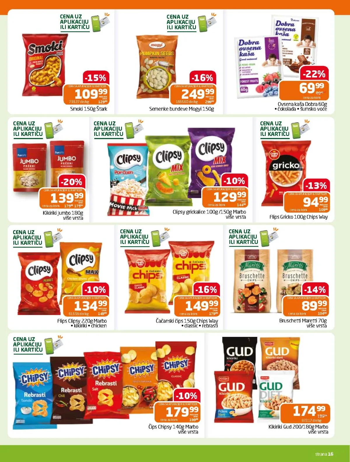 Gomex katalog strana 16 – Chipsy, Clipsy, Smoki, kikiriki, semenke i ovsene kaše