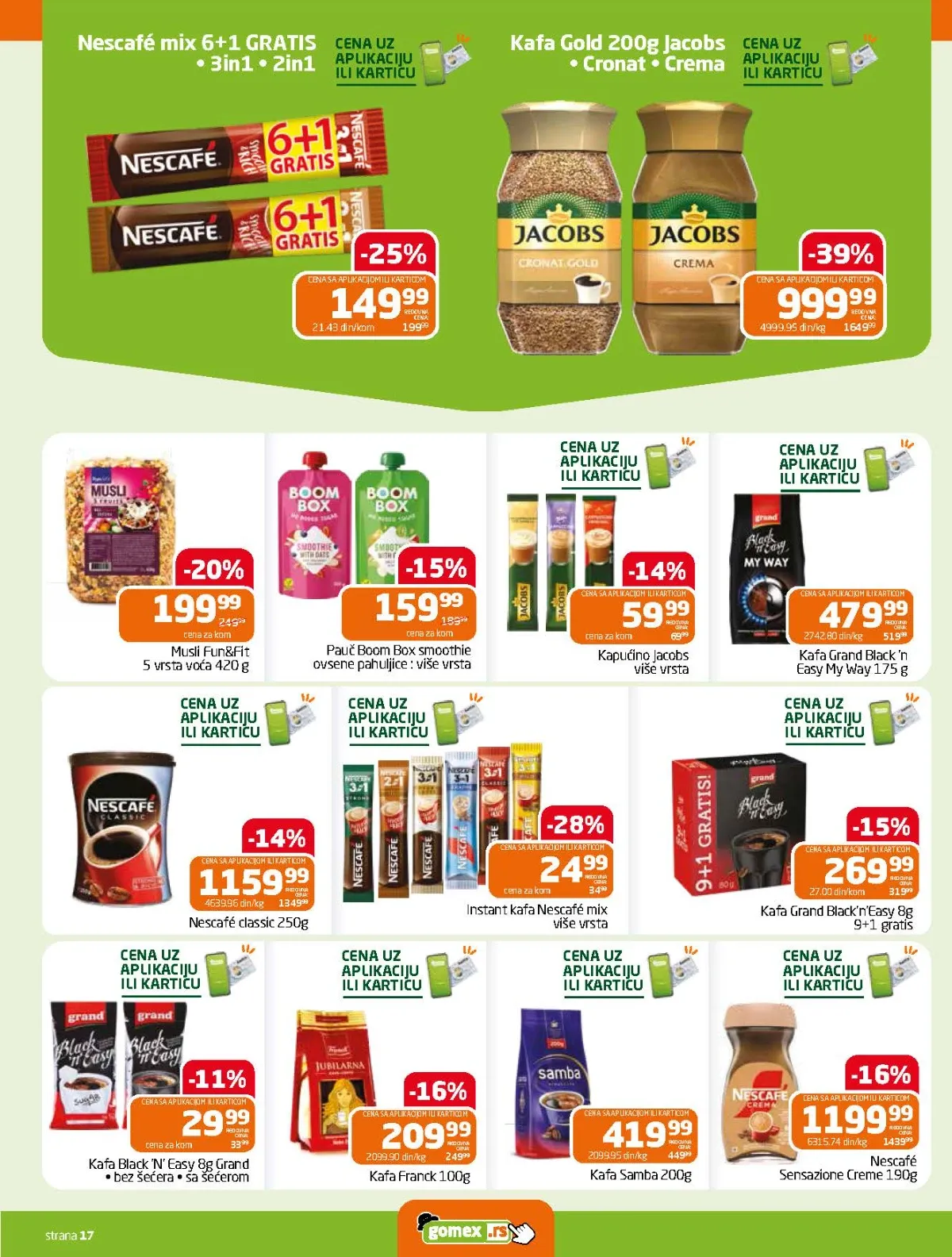 Gomex katalog strana 17 – Jacobs, Nescafé, Grand, Franck i Samba kafa uz musli i ovsene pahuljice