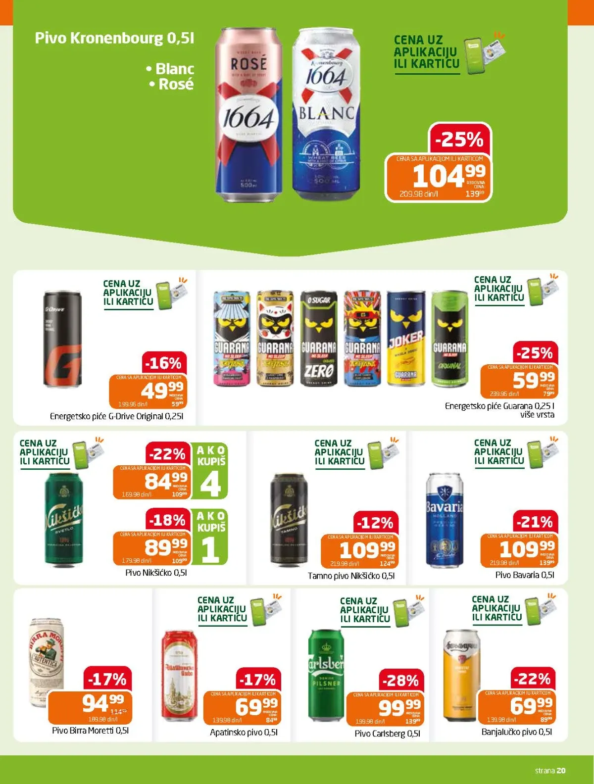 Gomex katalog strana 20 – Carlsberg, Apatinsko, Nikšićko, Bavaria i druga piva uz energetska pića