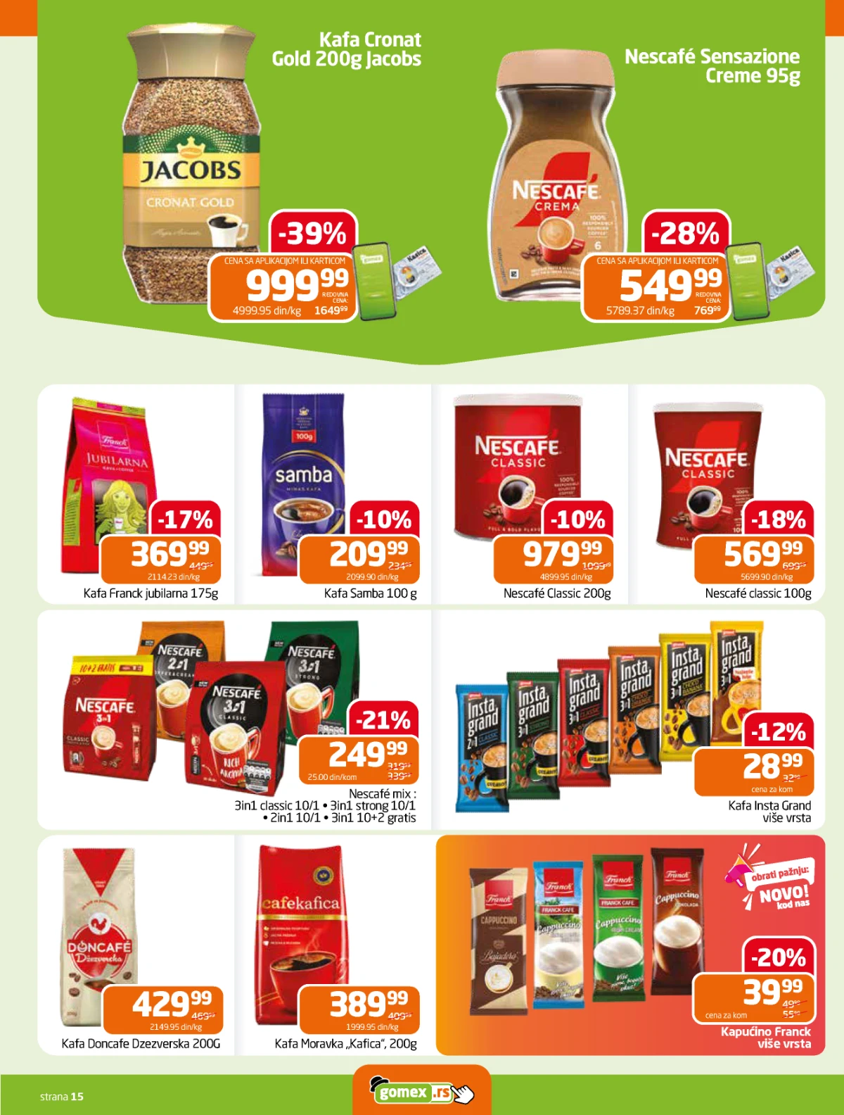 Gomex katalog – mlevena kafa, instant kafa, kapućino i Nescafé proizvodi na akciji.