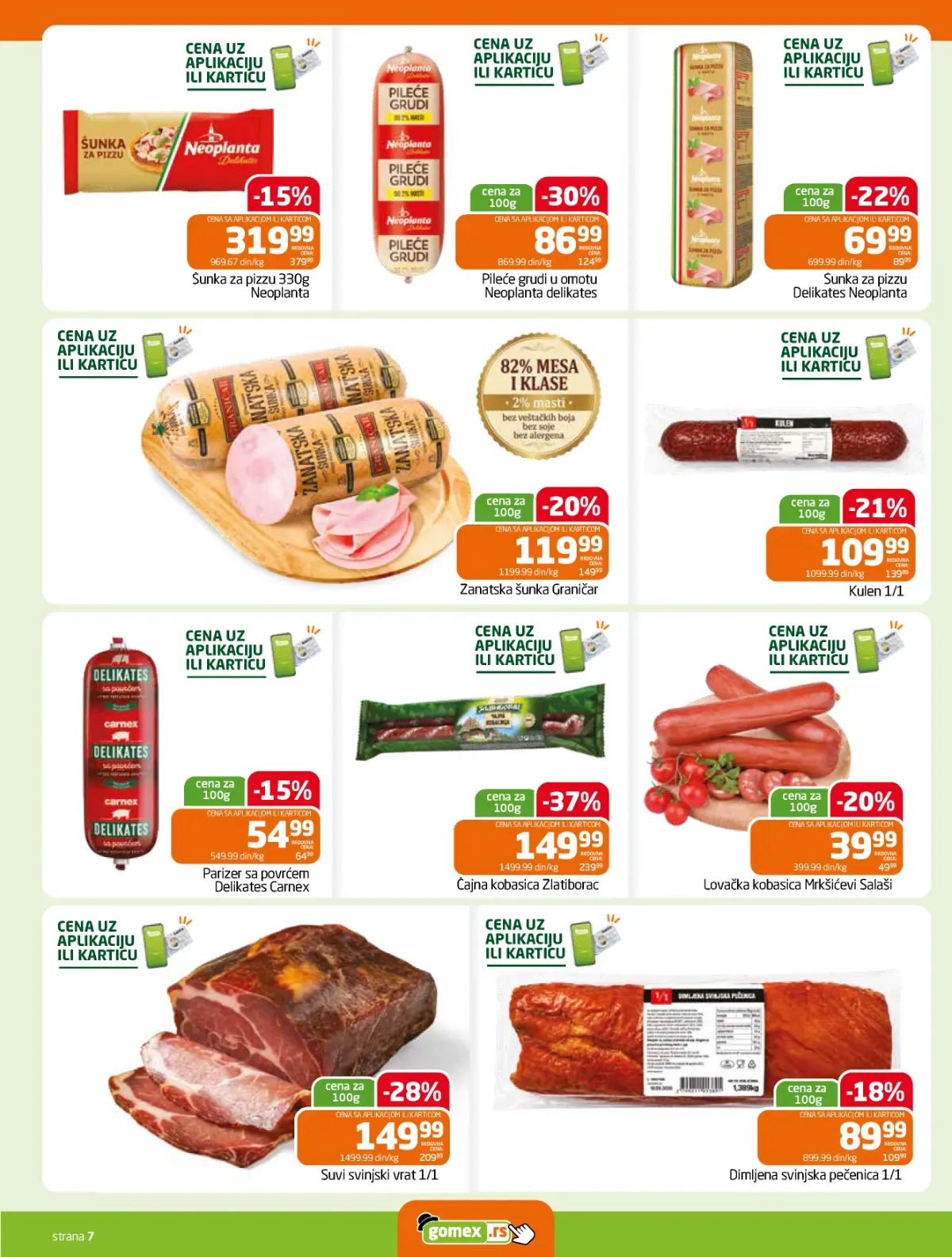 GOMEX katalog strana 7 – Zlatiborac čajna kobasica i Neoplanta pileće grudi na akciji