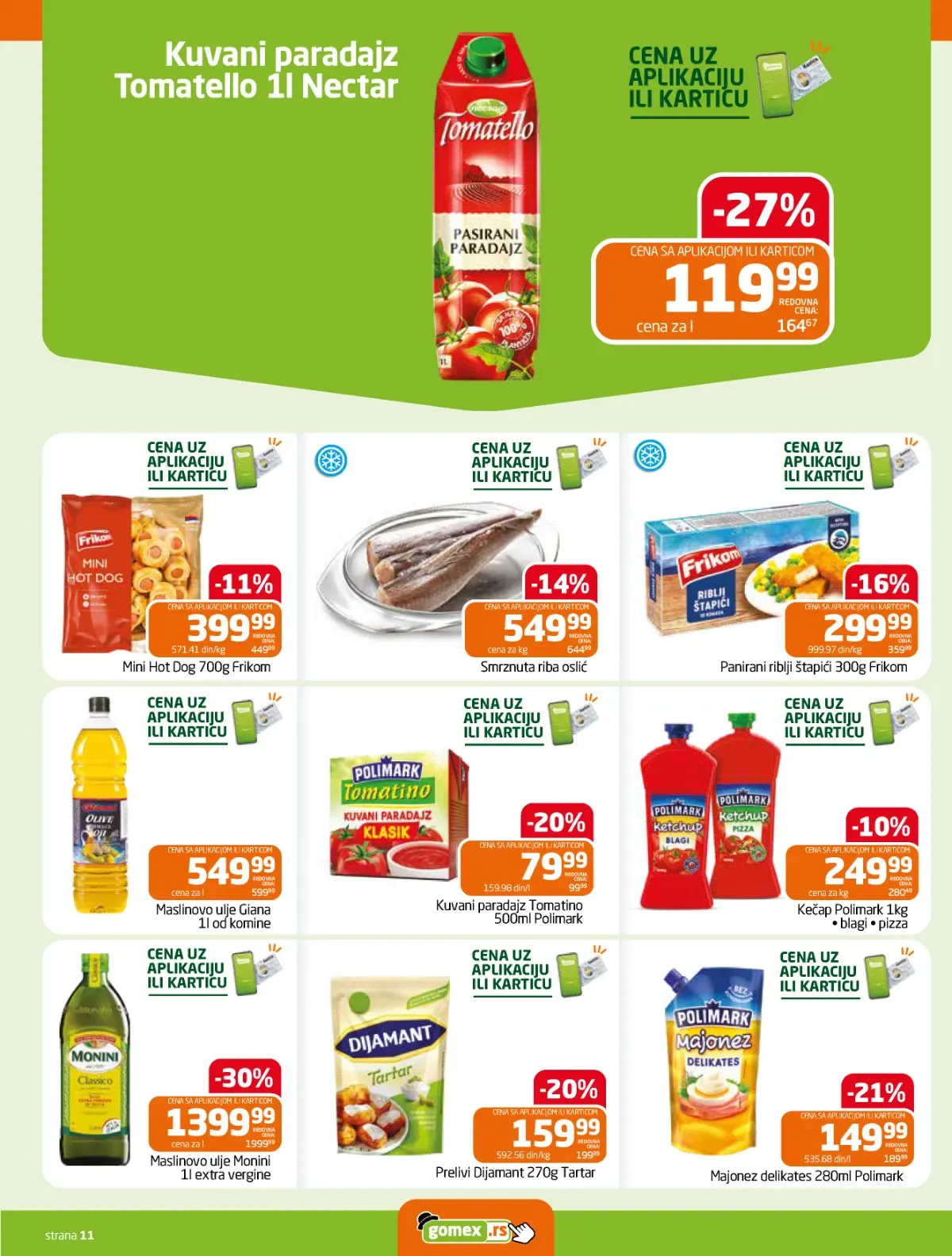 GOMEX katalog strana 11 – Monini maslinovo ulje i Tomatello kuvani paradajz na akciji