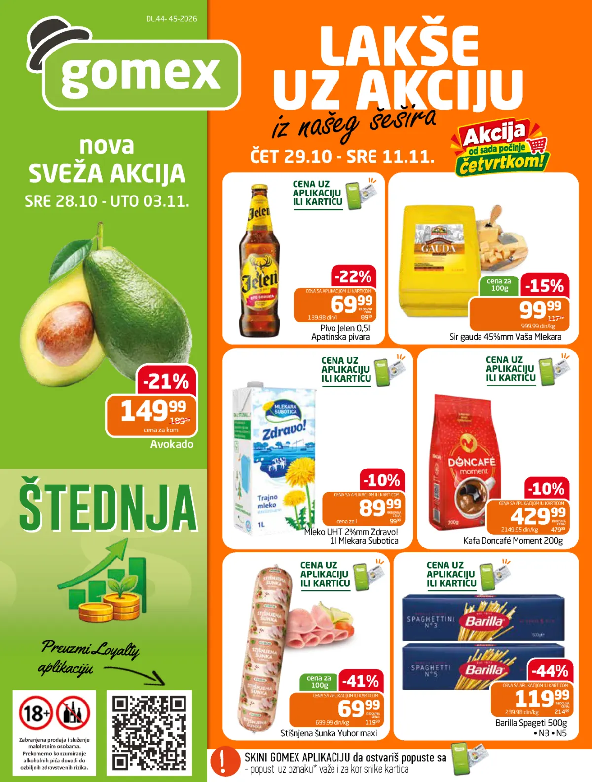 GOMEX katalog strana 1 – Jelen pivo 69,99 din, Doncafé Moment 429,99 din, Barilla špageti 119,99 din i popusti do 44%