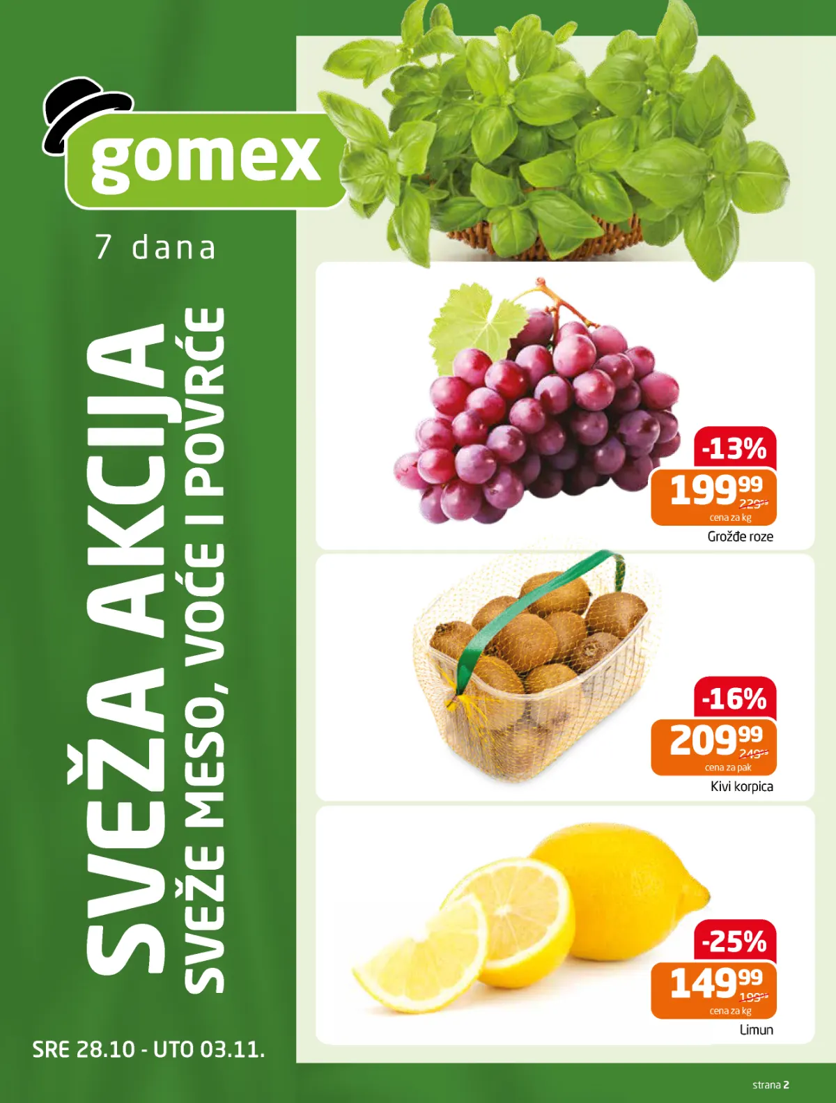 GOMEX katalog strana 2 – roze grožđe 199,99 din/kg, kivi 209,99 din i limun 149,99 din/kg