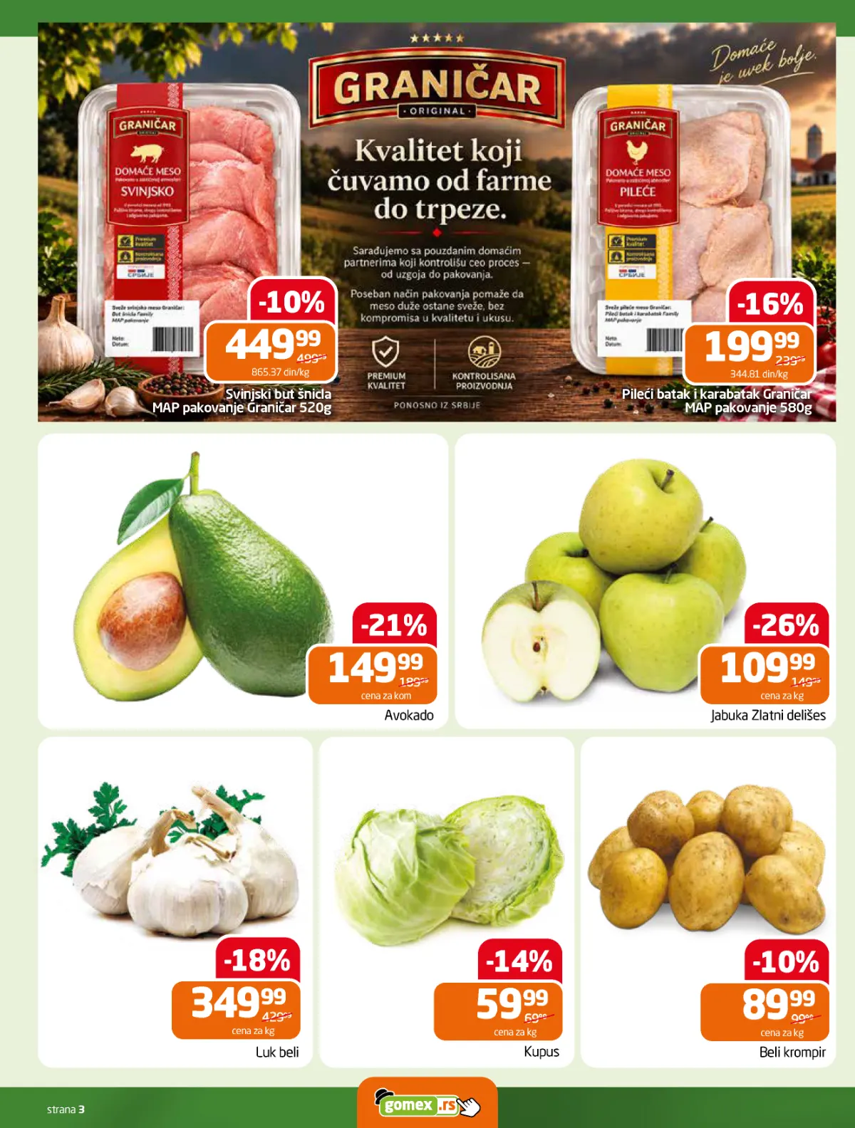 GOMEX katalog strana 3 – svinjski but, pileći batak, avokado, jabuke, kupus i krompir na akciji