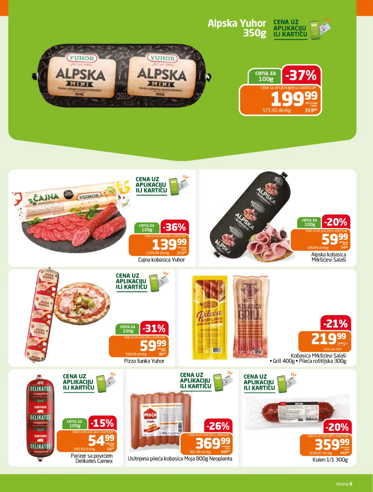 GOMEX katalog strana 6 – Yuhor kobasice, Alpska, čajna, pizza šunka i Carnex proizvodi