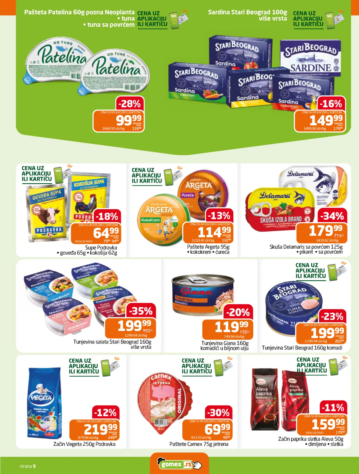 GOMEX katalog strana 9 – Argeta, Carnex paštete, tunjevina, sardine i riblje konzerve
