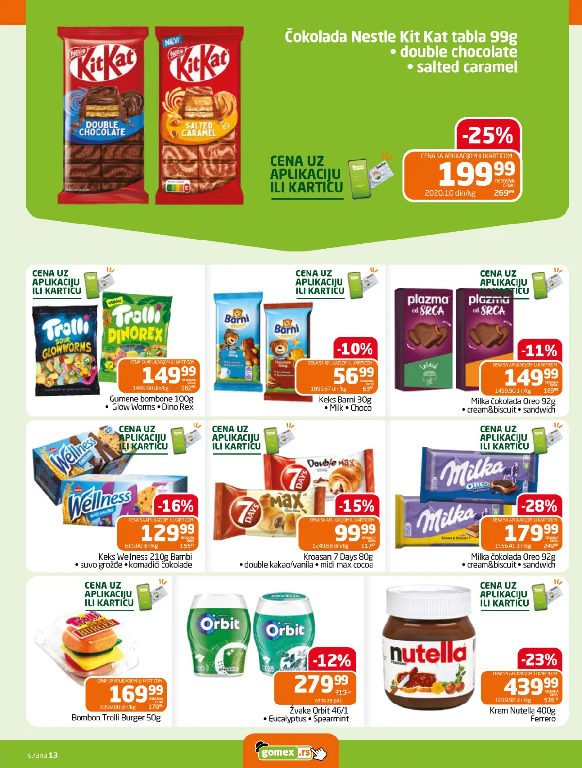 GOMEX katalog strana 13 – KitKat, Milka, Nutella, Orbit, Barni i slatkiši na akciji