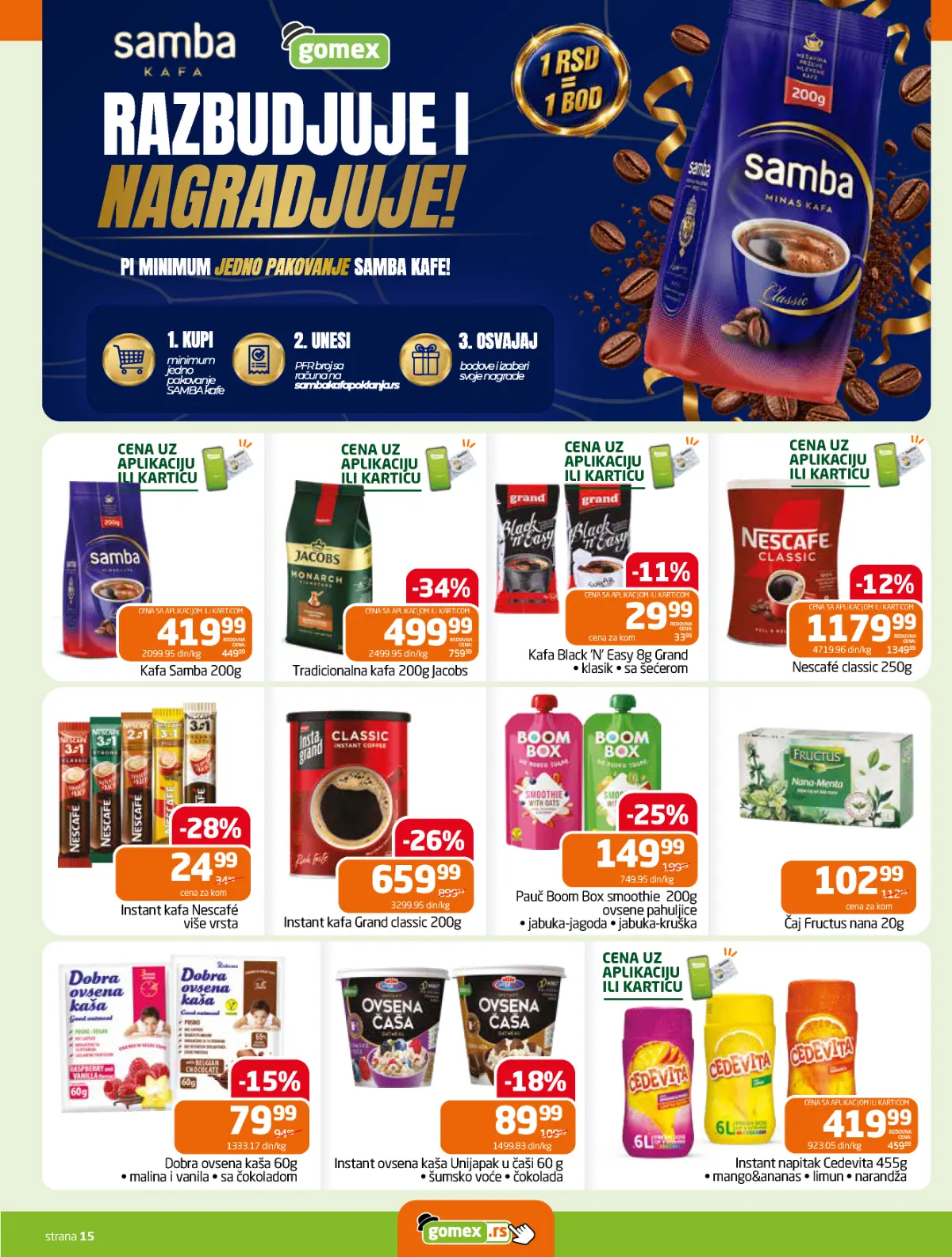 GOMEX katalog strana 15 – Samba, Jacobs, Grand i Nescafé kafa, čajevi i napici
