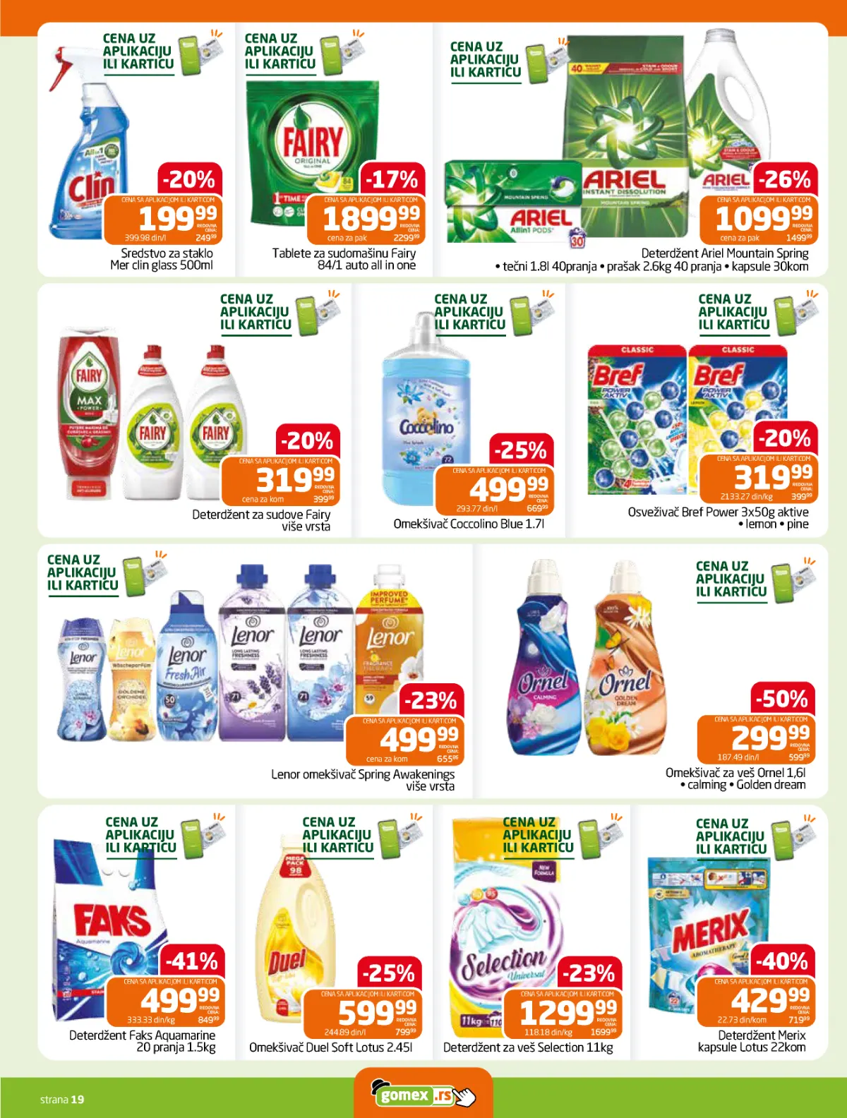 GOMEX katalog strana 19 – Ornel omekšivač 299,99 din uz popust 50%, Lenor i sredstva za domaćinstvo