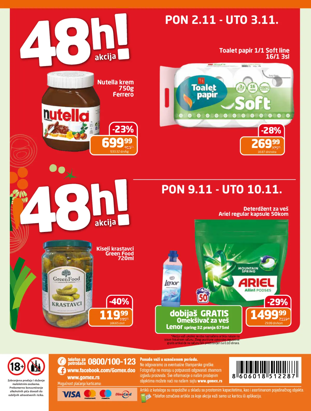 GOMEX katalog strana 28 – posebna akcija od 2. do 3. novembra 2026. na Nutella krem, toalet papir i druge proizvode
