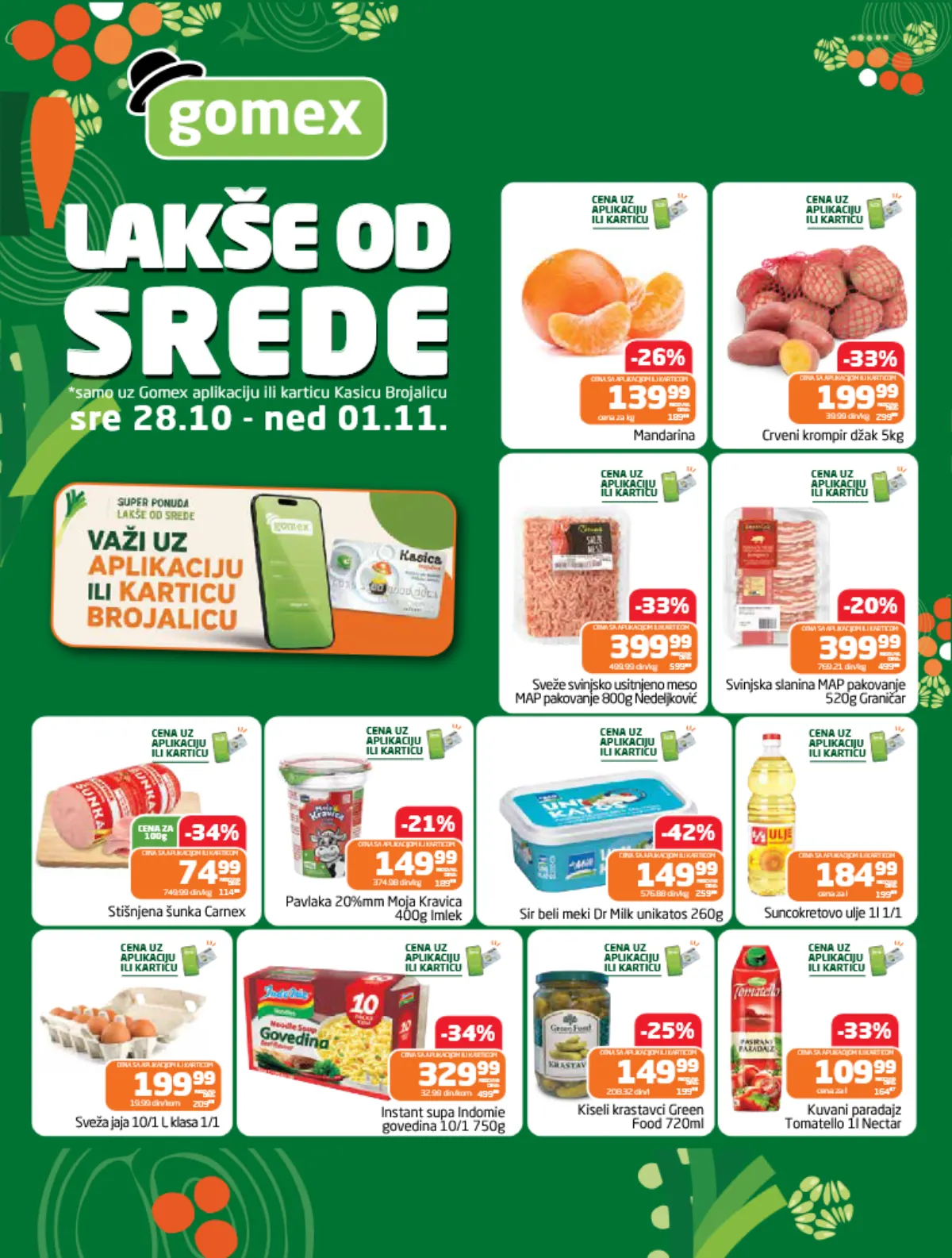 GOMEX katalog Lakše od srede, strana 1 – mandarine 139,99 din, crveni krompir 199,99 din, meso, mlečni proizvodi i popusti do 42%