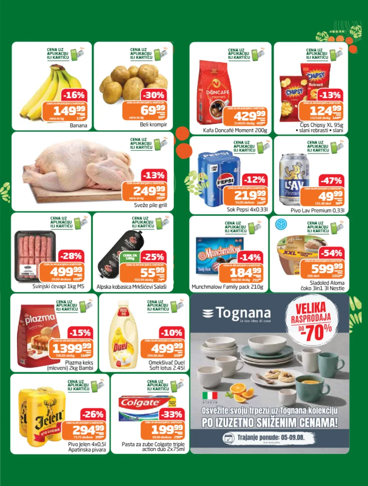Gomex Lakše od srede do 09.08.2026. – strana 2 kataloga sa akcijama na banane, krompir, pile, Doncafé, Pepsi, Lav pivo, Plazmu, Duel, Colgate i druge proizvode