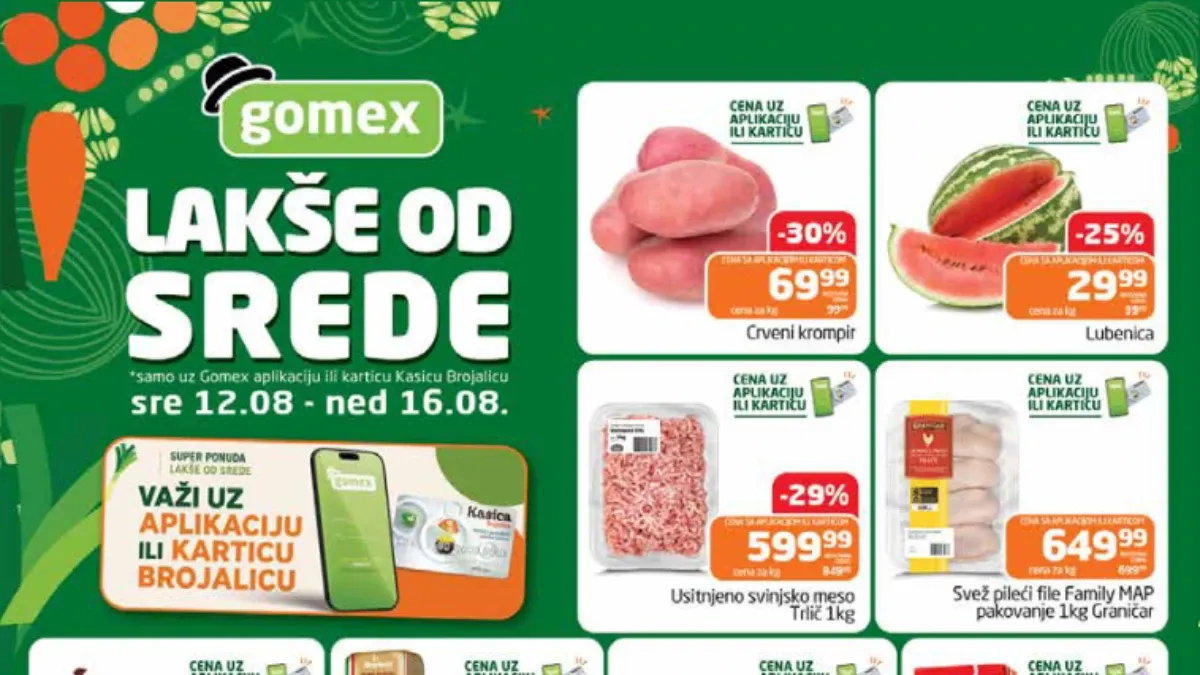 Gomex Lakše od srede od 12.08. do 16.08.2026. donosi popuste do 50% na meso, mlečne proizvode, povrće, kafu, ulje, sredstva za domaćinstvo i druge proizvode