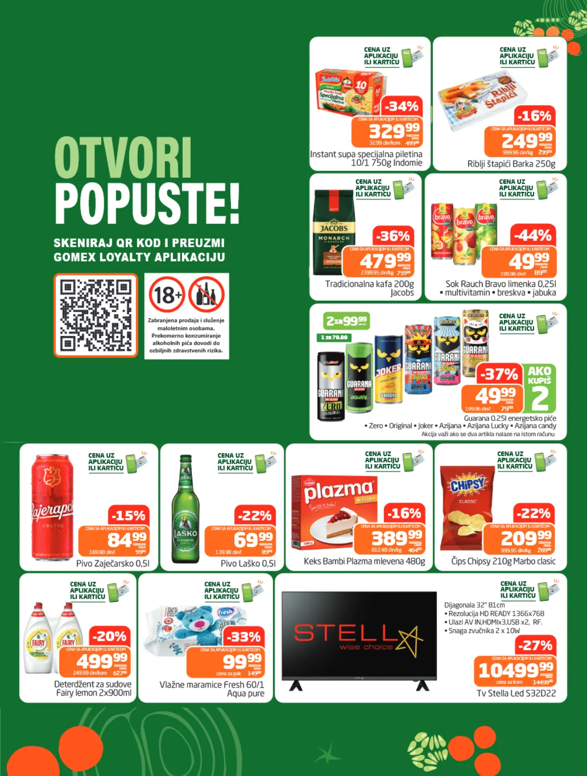 GOMEX akcija uz aplikaciju ili karticu – Jacobs kafa 200 g za 479,99 din, Rauch Bravo 0,25 l za 49,99 din i Fairy 2 × 900 ml za 499,99 din