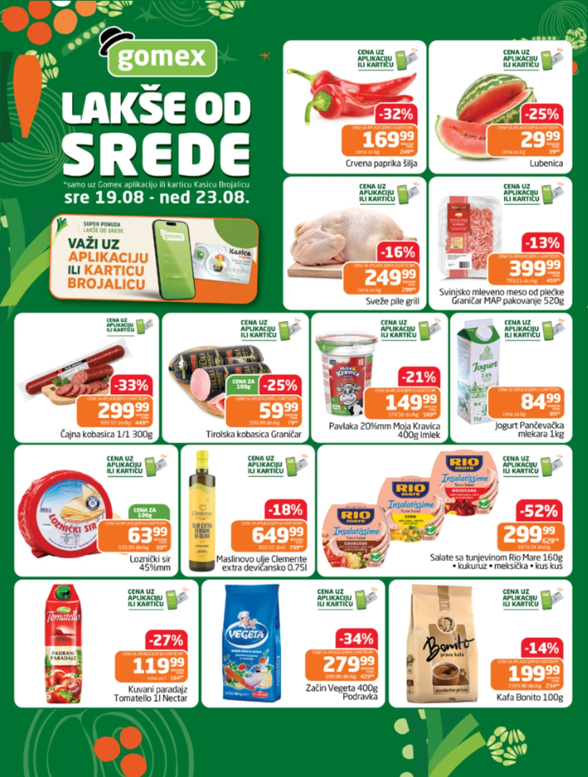 Gomex Lakše od srede od 19.08. do 23.08.2026. – paprika, lubenica, meso, kobasice, mlečni proizvodi, maslinovo ulje i kafa uz popuste do 52%