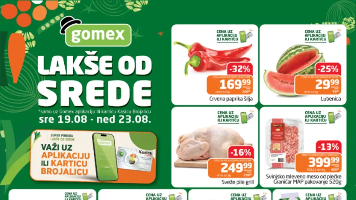 Gomex Lakše od srede od 19.08. do 23.08.2026. – paprika, lubenica, meso, kobasice, mlečni proizvodi, kafa i drugi proizvodi uz popuste do 52%