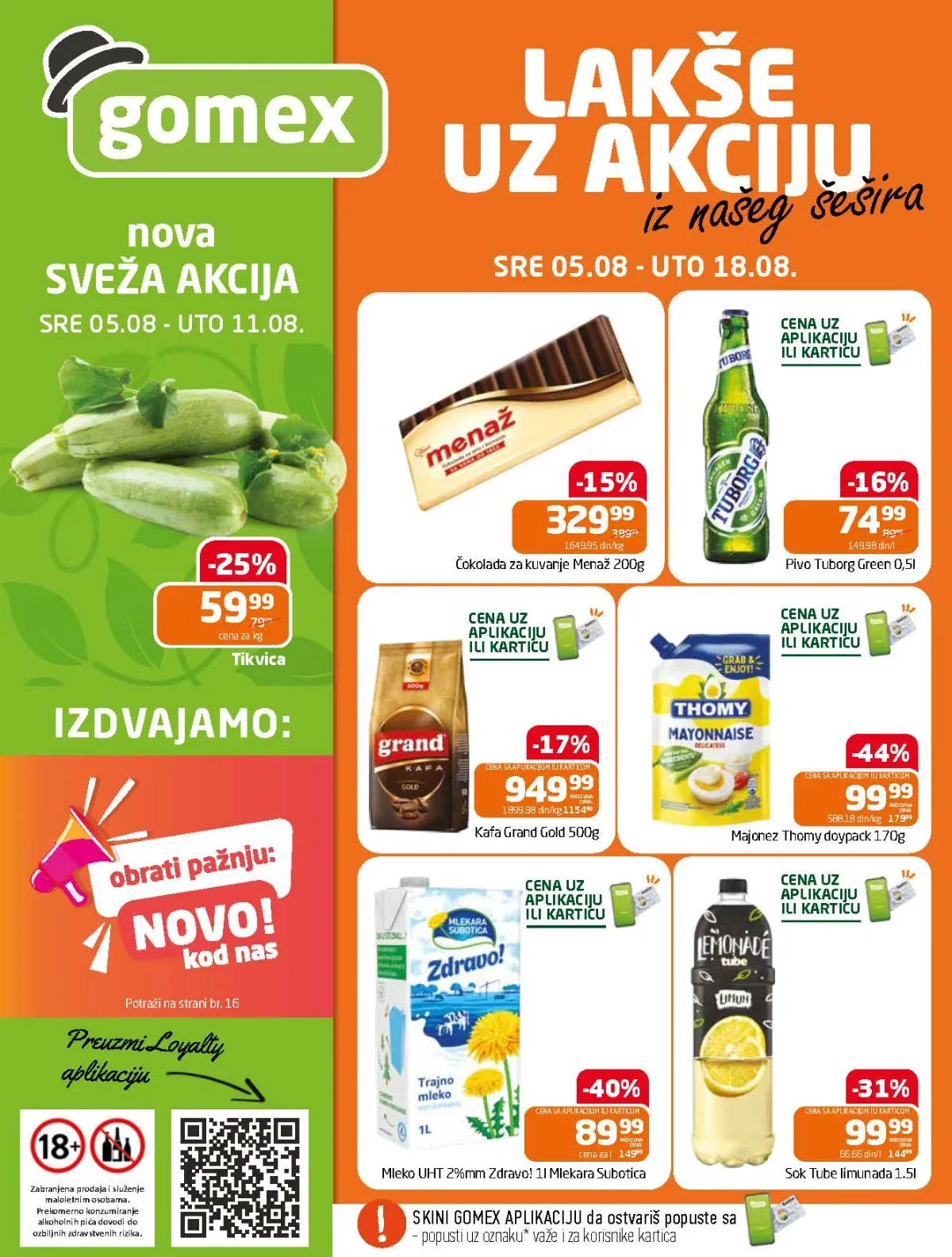 GOMEX katalog do 18.08.2026. donosi sniženja do 44% na majonez, kafu, mleko, sokove, čokoladu, pivo, voće, povrće i brojne druge proizvode