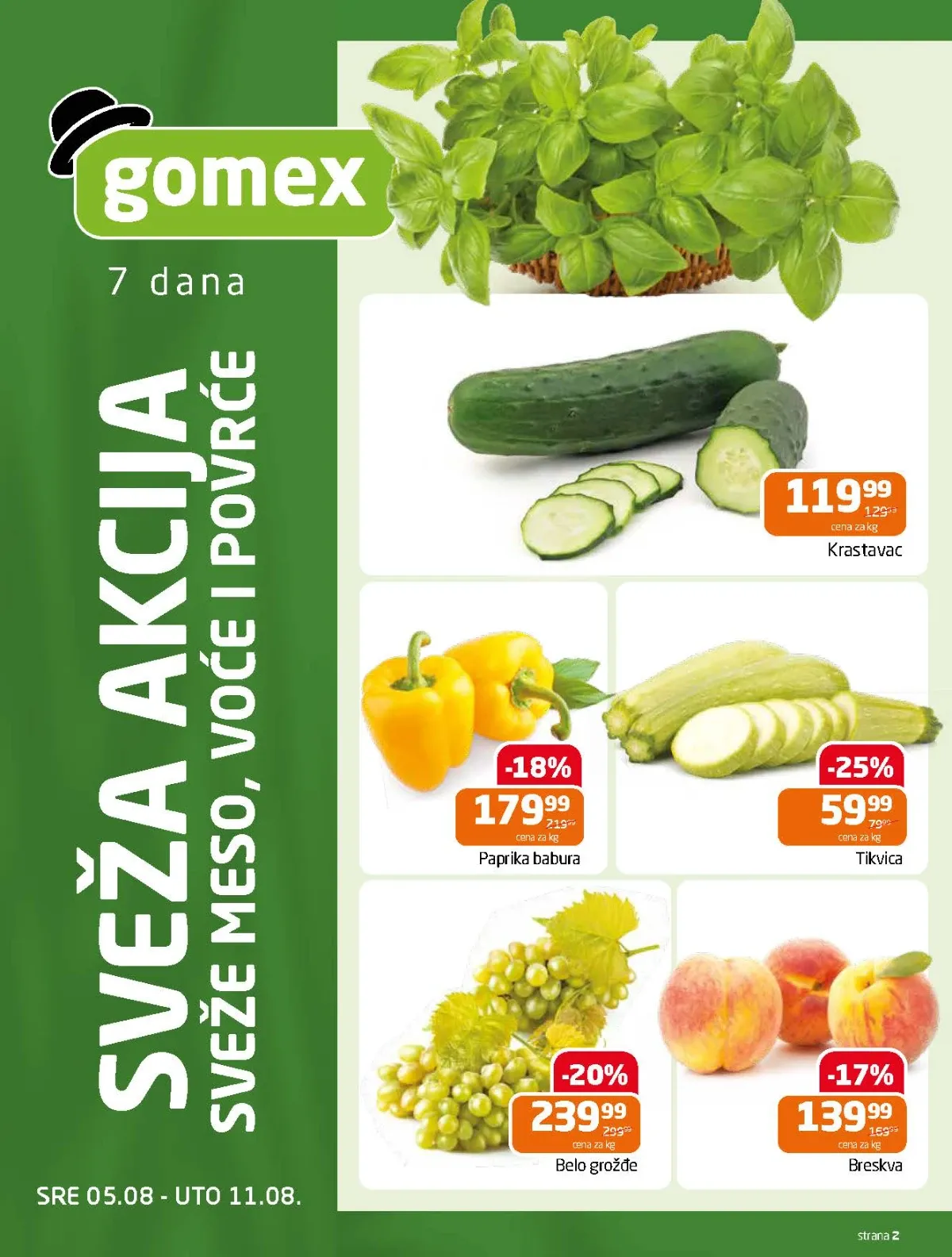 GOMEX katalog do 18.08.2026. strana 2 donosi akcijske cene paprike, krastavca, tikvica, belog grožđa i breskvi