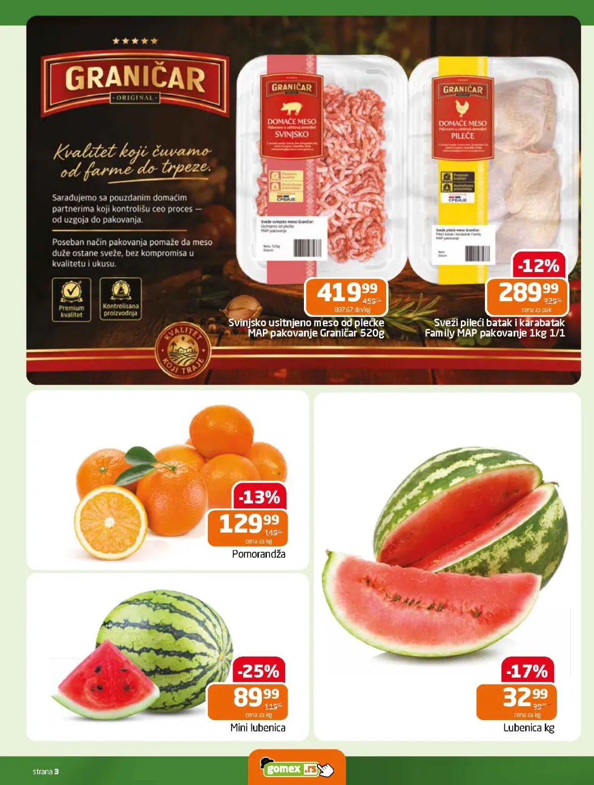 GOMEX katalog do 18.08.2026. strana 3 donosi popuste na pomorandže, mini lubenice, lubenice i sveže pileće i svinjsko meso