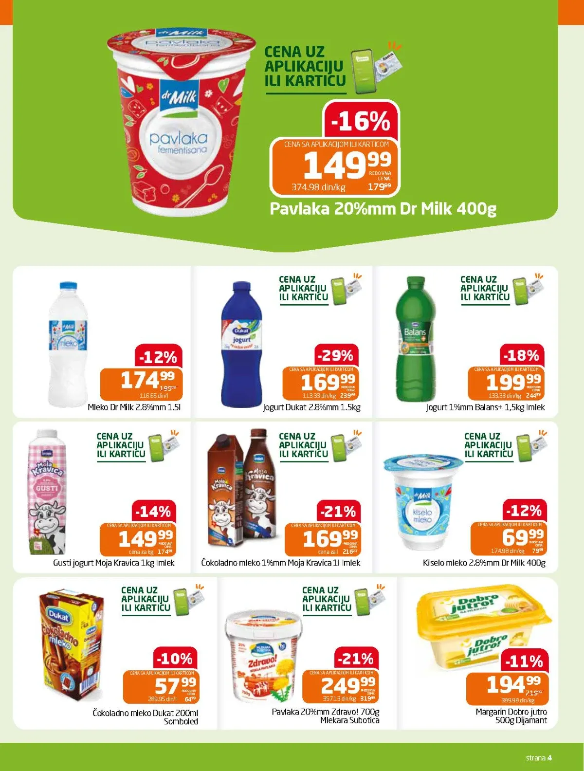 GOMEX katalog do 18.08.2026. strana 4 donosi akcijske cene mleka, jogurta, pavlake, kiselog mleka i čokoladnog mleka