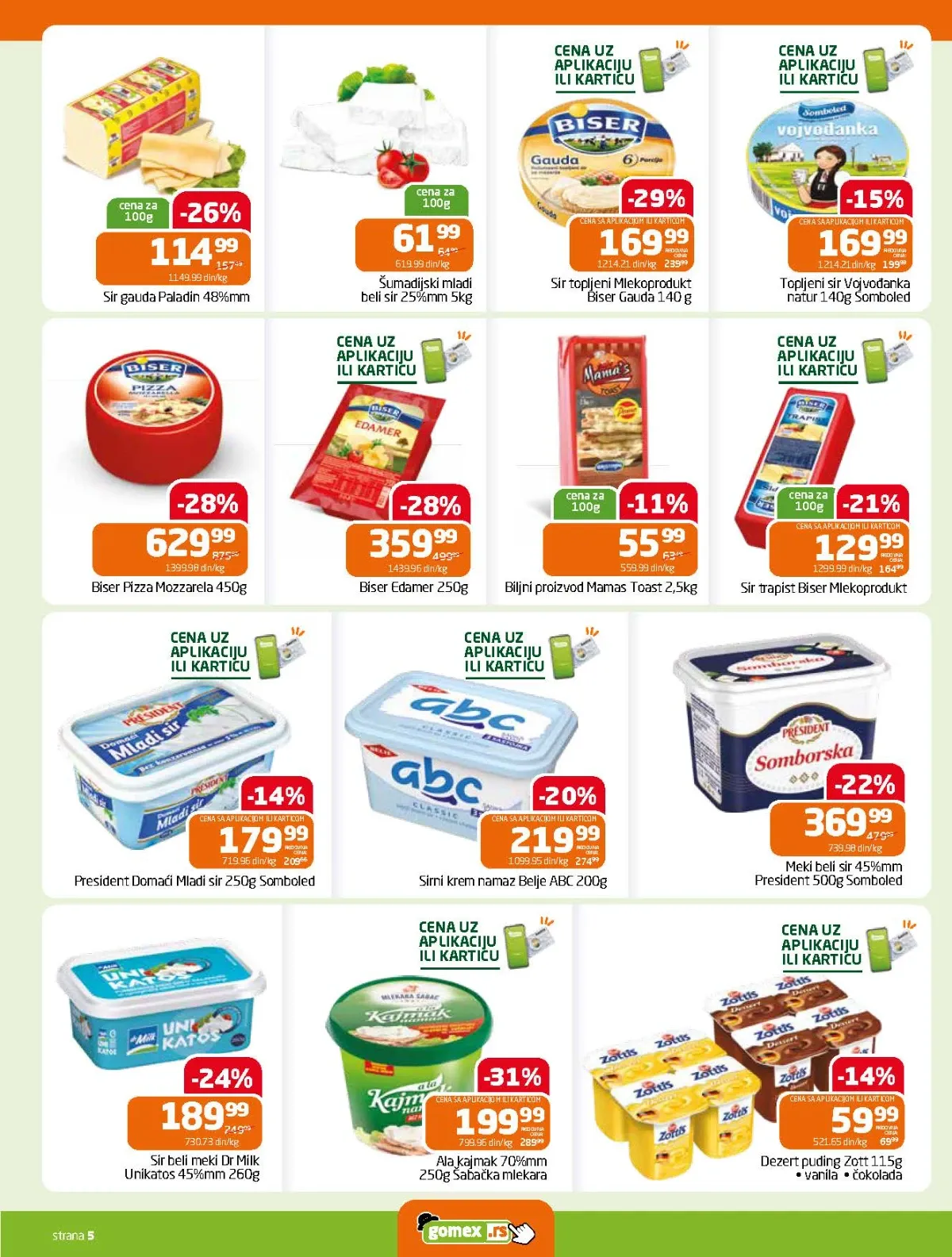 GOMEX katalog do 18.08.2026. strana 5 donosi sniženja na bele sireve, trapist, edamer, topljene sireve i krem namaze
