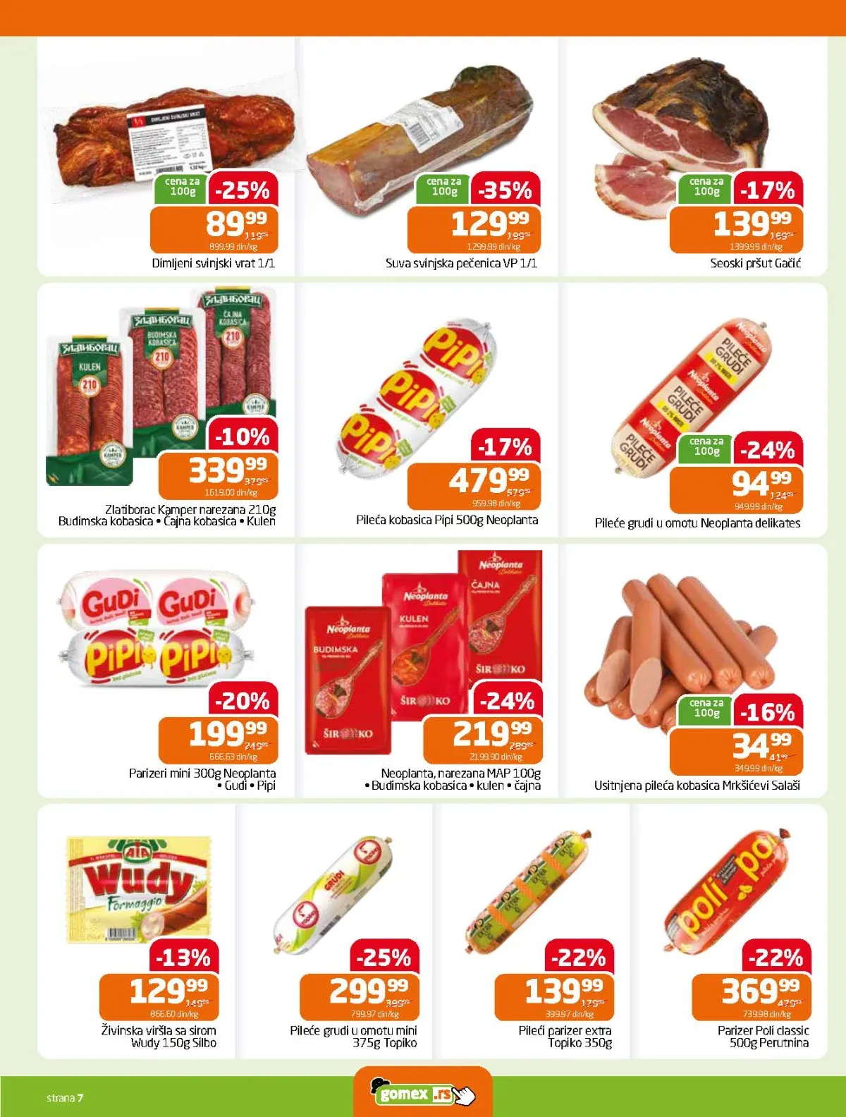 GOMEX katalog do 18.08.2026. strana 7 donosi akcije na suvu svinjsku pečenicu, pileće grudi, parizer, pršut i kobasice