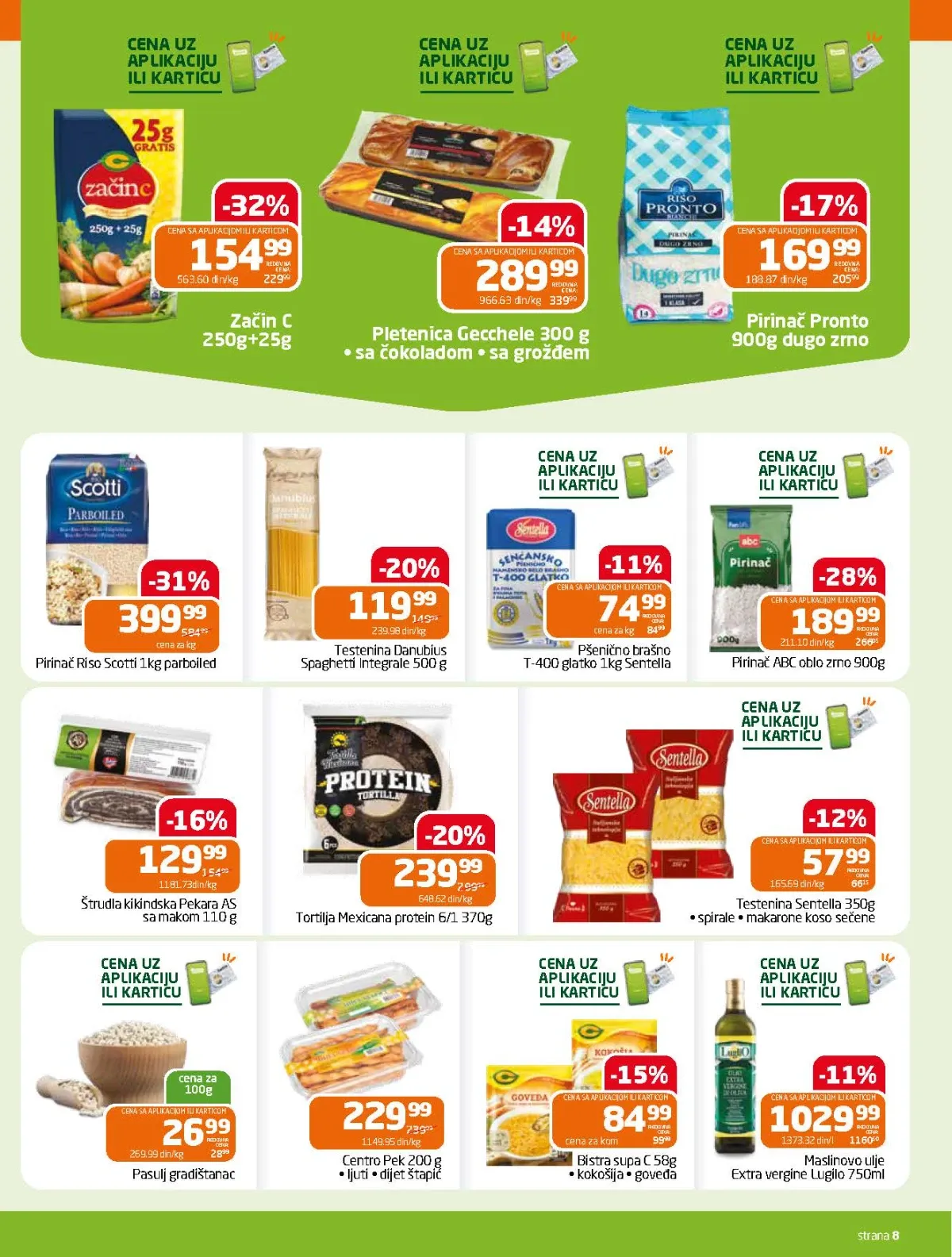 GOMEX katalog do 18.08.2026. strana 8 donosi sniženja na pirinač, testeninu, brašno, maslinovo ulje, začine i supe