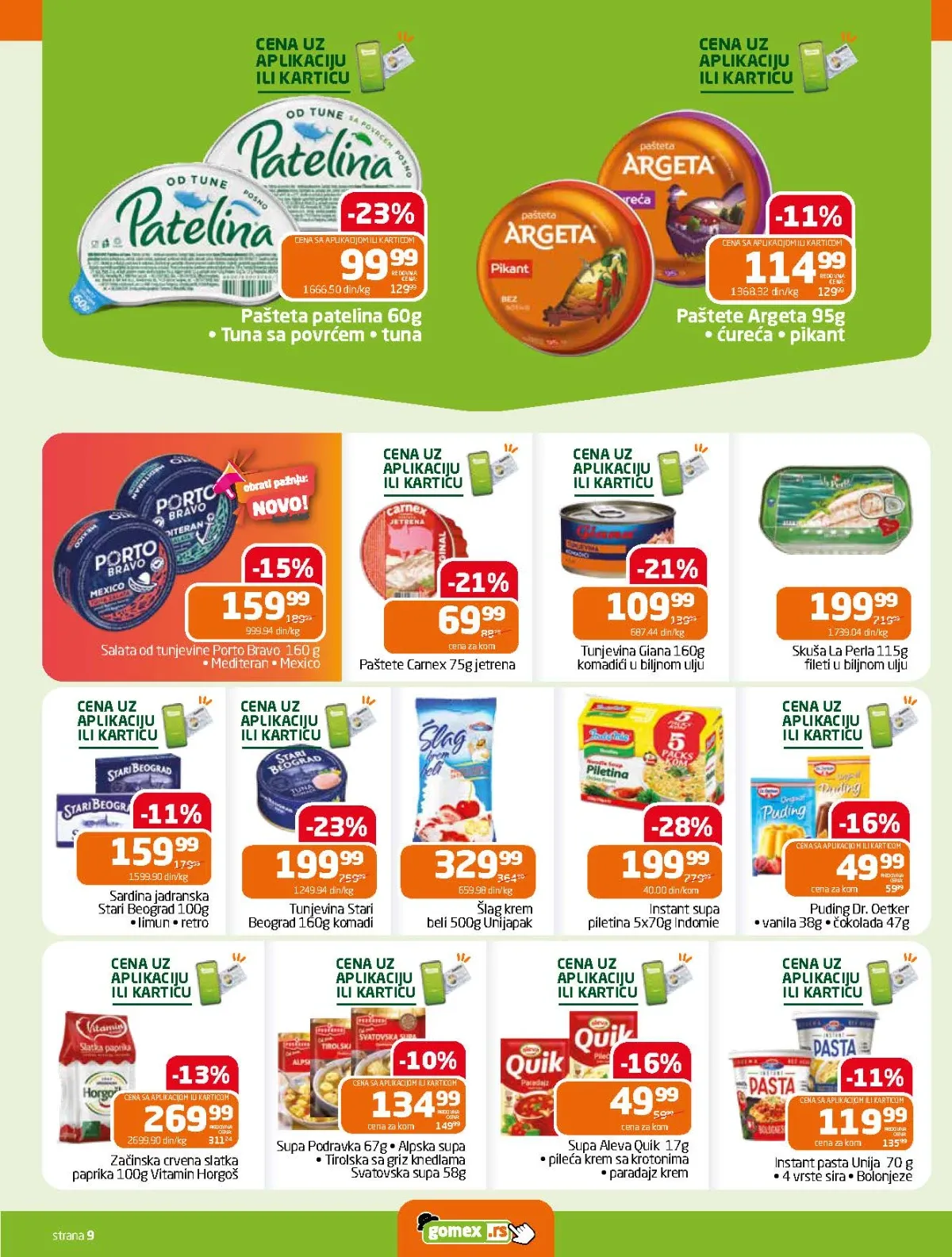 GOMEX katalog do 18.08.2026. strana 9 donosi akcije na tunjevinu, paštete, sardine, puding, supe i začine
