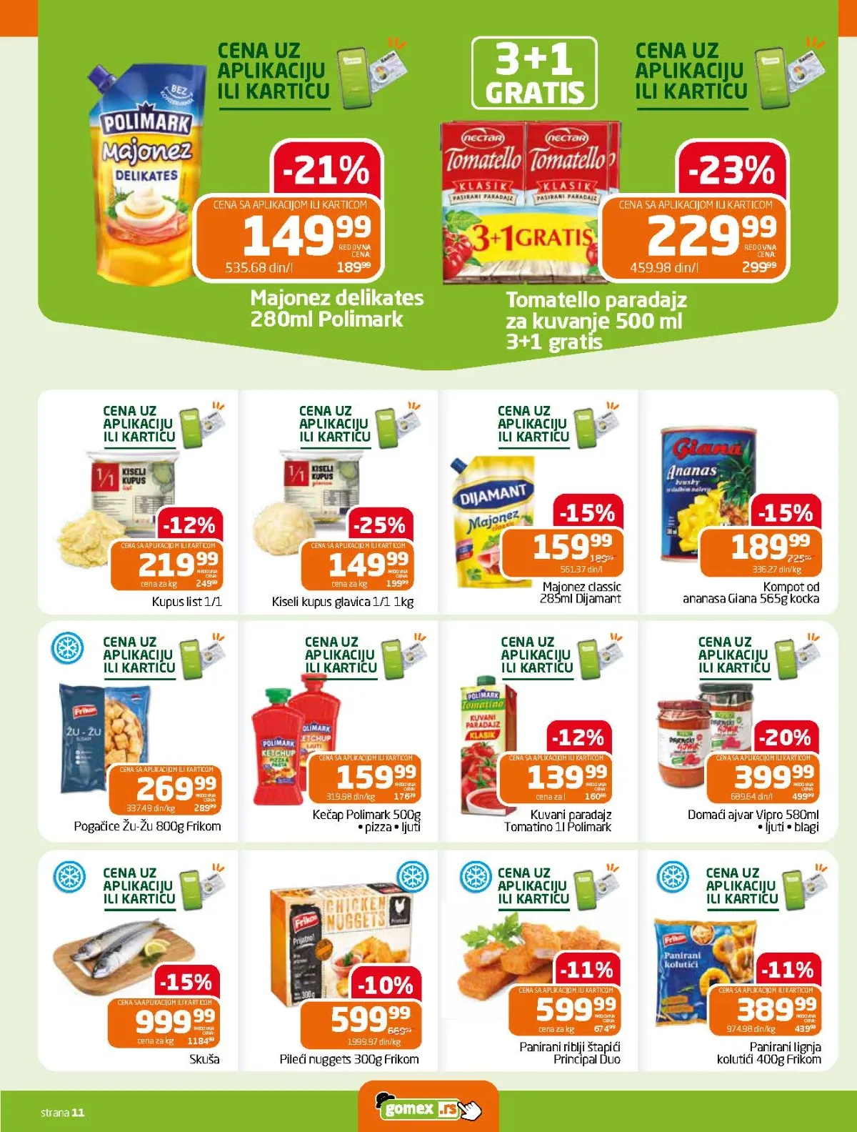 GOMEX katalog do 18.08.2026. strana 11 donosi akcije na ajvar, majonez, kečap, ribu i kupus