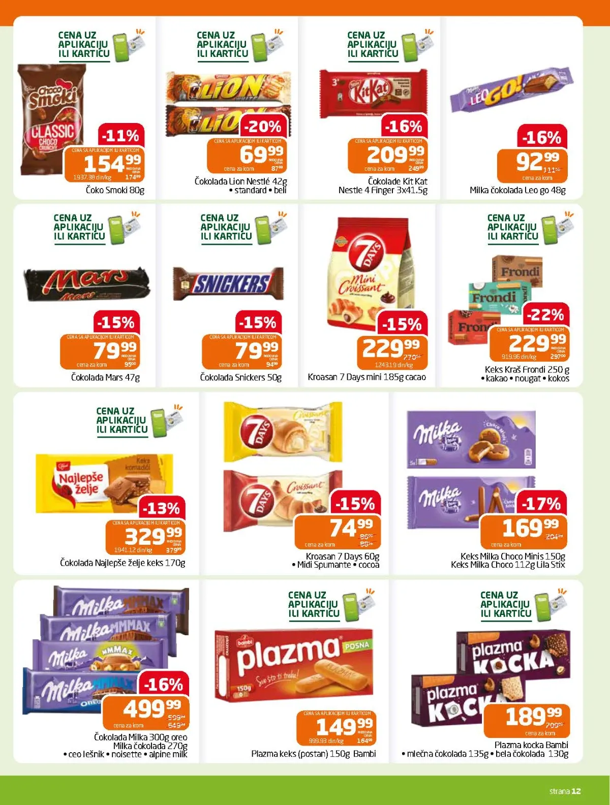 GOMEX katalog do 18.08.2026. strana 12 donosi akcije na Milka čokolade, Plazmu, Mars, Snickers i KitKat