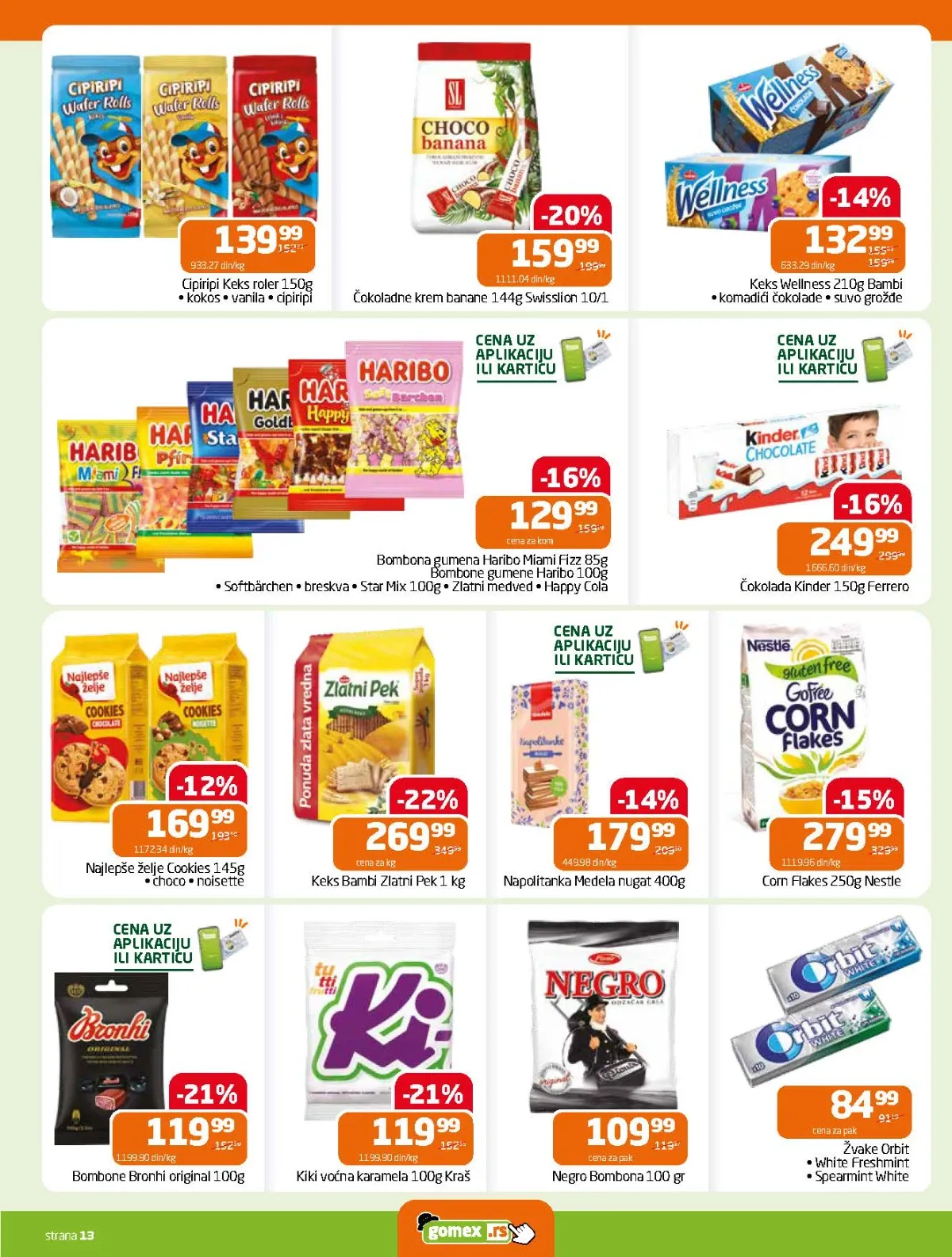 GOMEX katalog do 18.08.2026. strana 13 donosi akcije na Bambi, Kinder, Haribo, Orbit i Kiki bombone