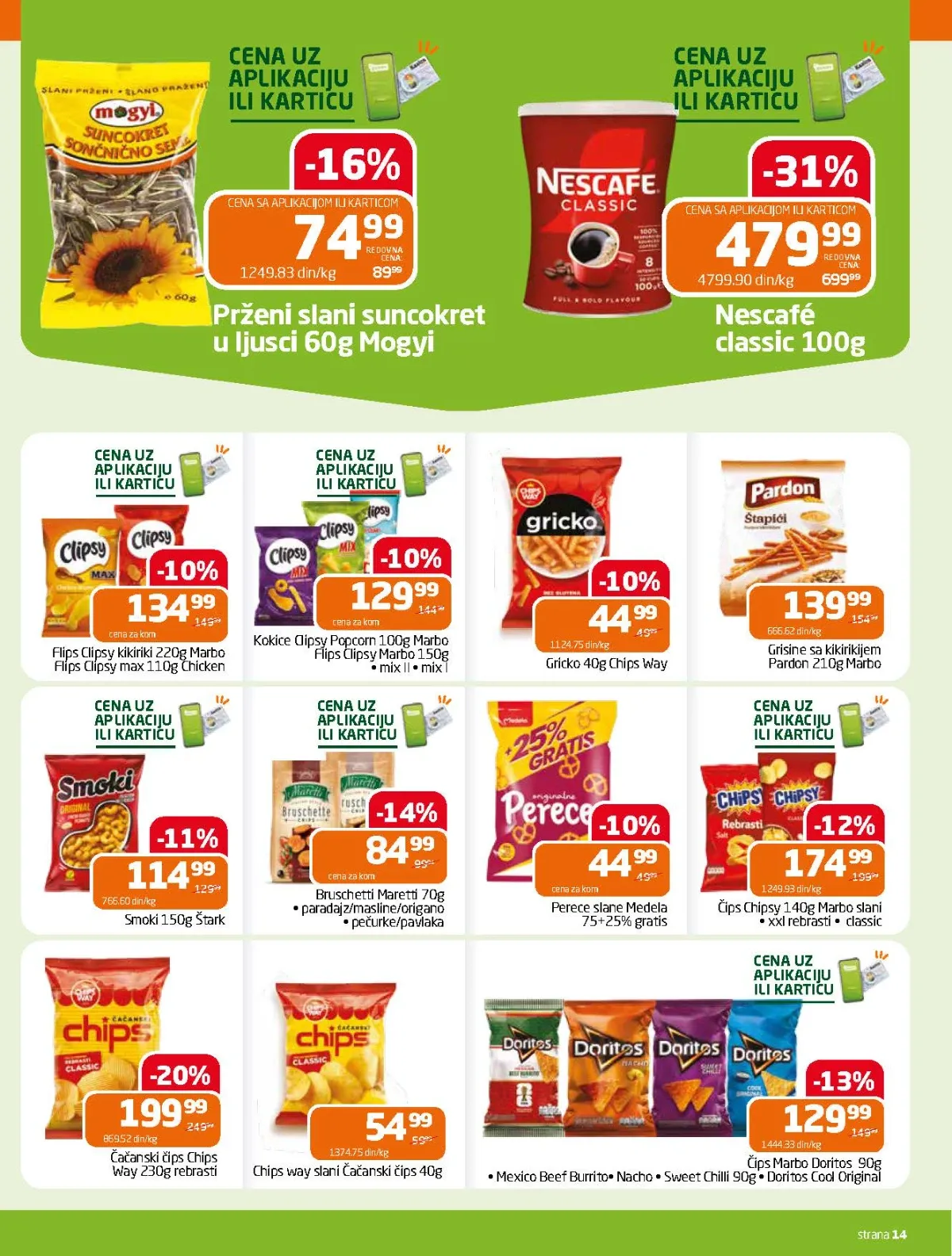 GOMEX katalog do 18.08.2026. strana 14 donosi akcije na čips, flips, kafu i grickalice
