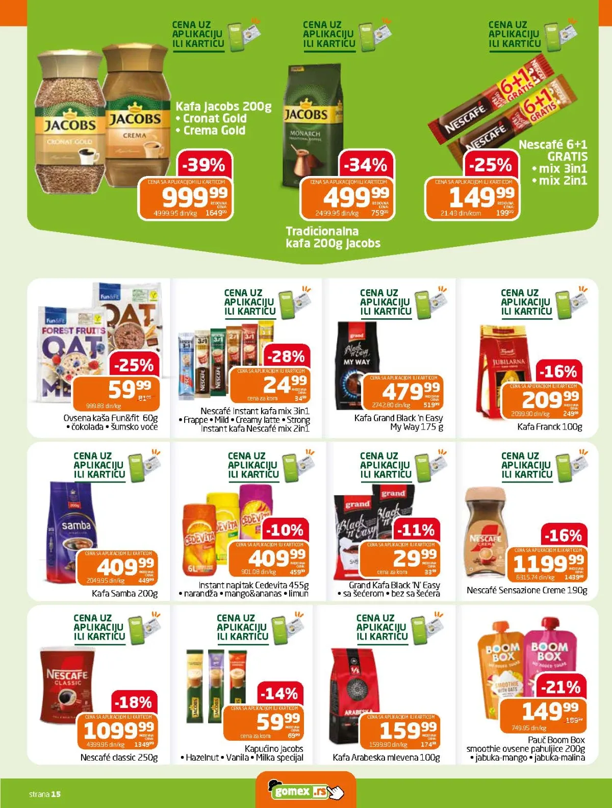GOMEX katalog do 18.08.2026. strana 15 donosi akcije na Jacobs, Nescafé, Grand, Franck i Cedevitu