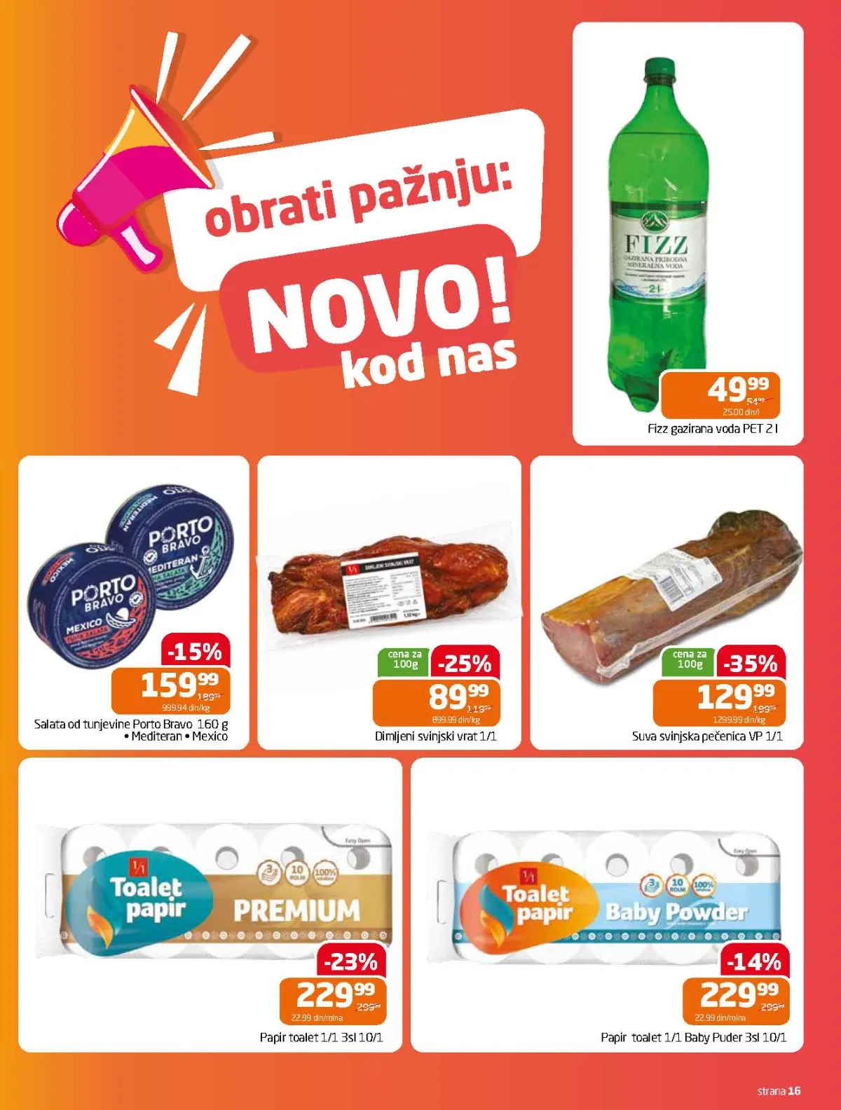 GOMEX katalog do 18.08.2026. strana 16 donosi akcije na toalet papir, suhomesnate proizvode i salate od tunjevine