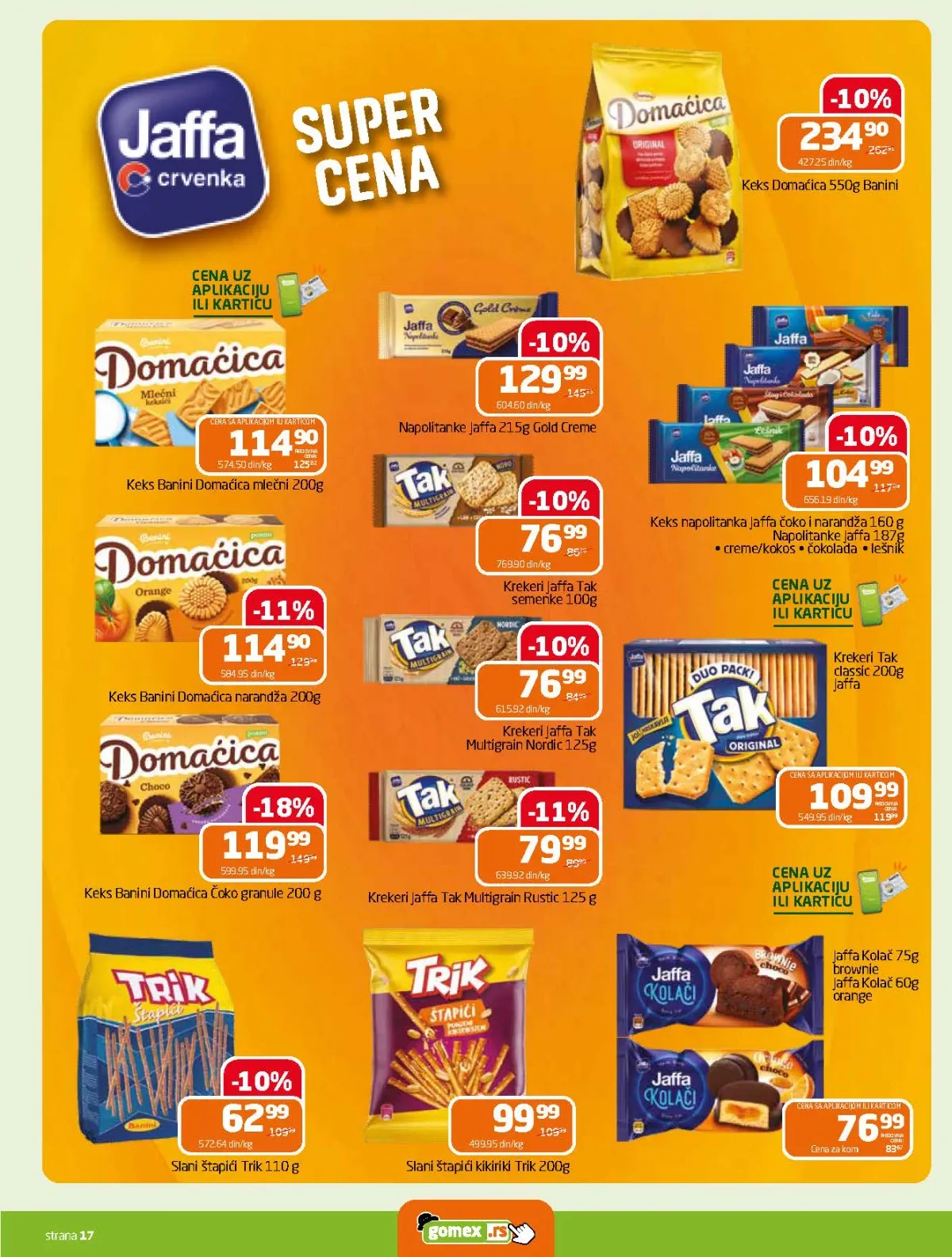 GOMEX katalog do 18.08.2026. strana 17 donosi akcije na Jaffa keks, Banini Domaćicu, napolitanke i krekere